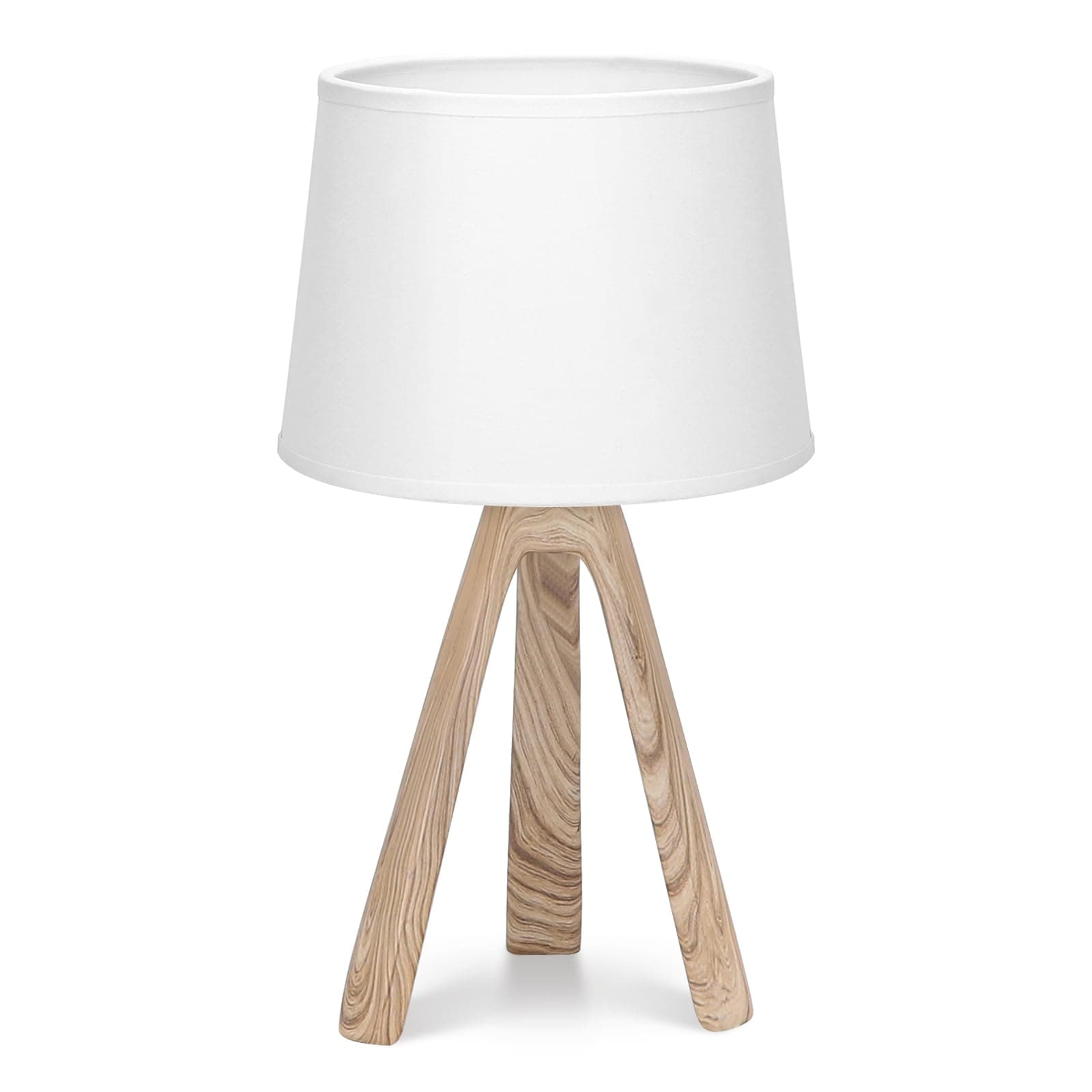 Lámpara de mesa con base de madera clara y pantalla blanca