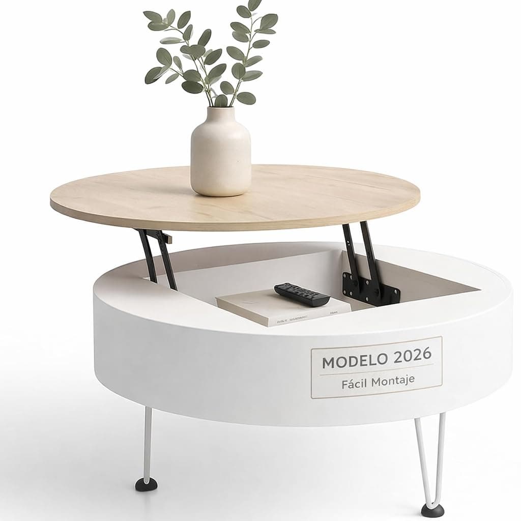 Mesa de centro elevable redonda blanca y madera