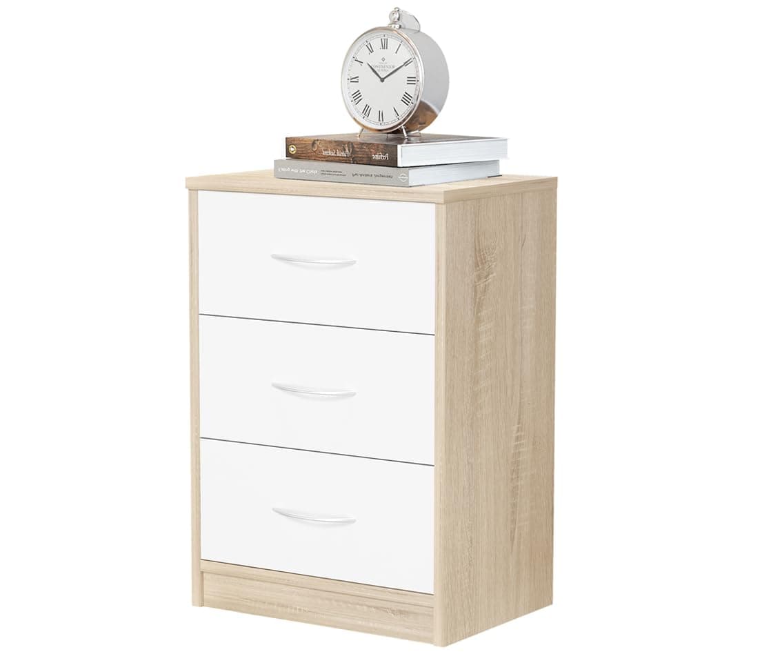 Mesita de noche con cajones blanca y madera clara