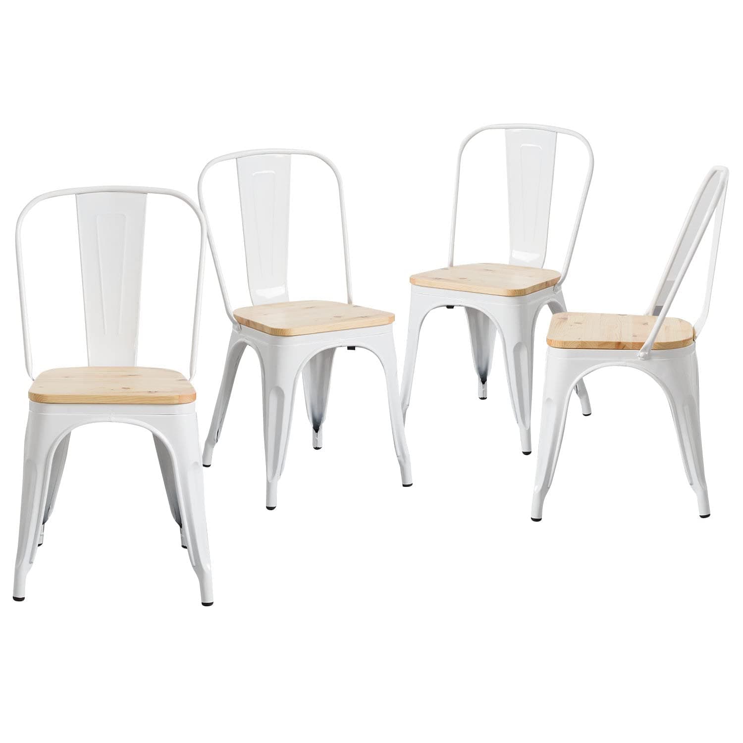 Set de 4 sillas de comedor Tolix blancas con asiento de madera clara