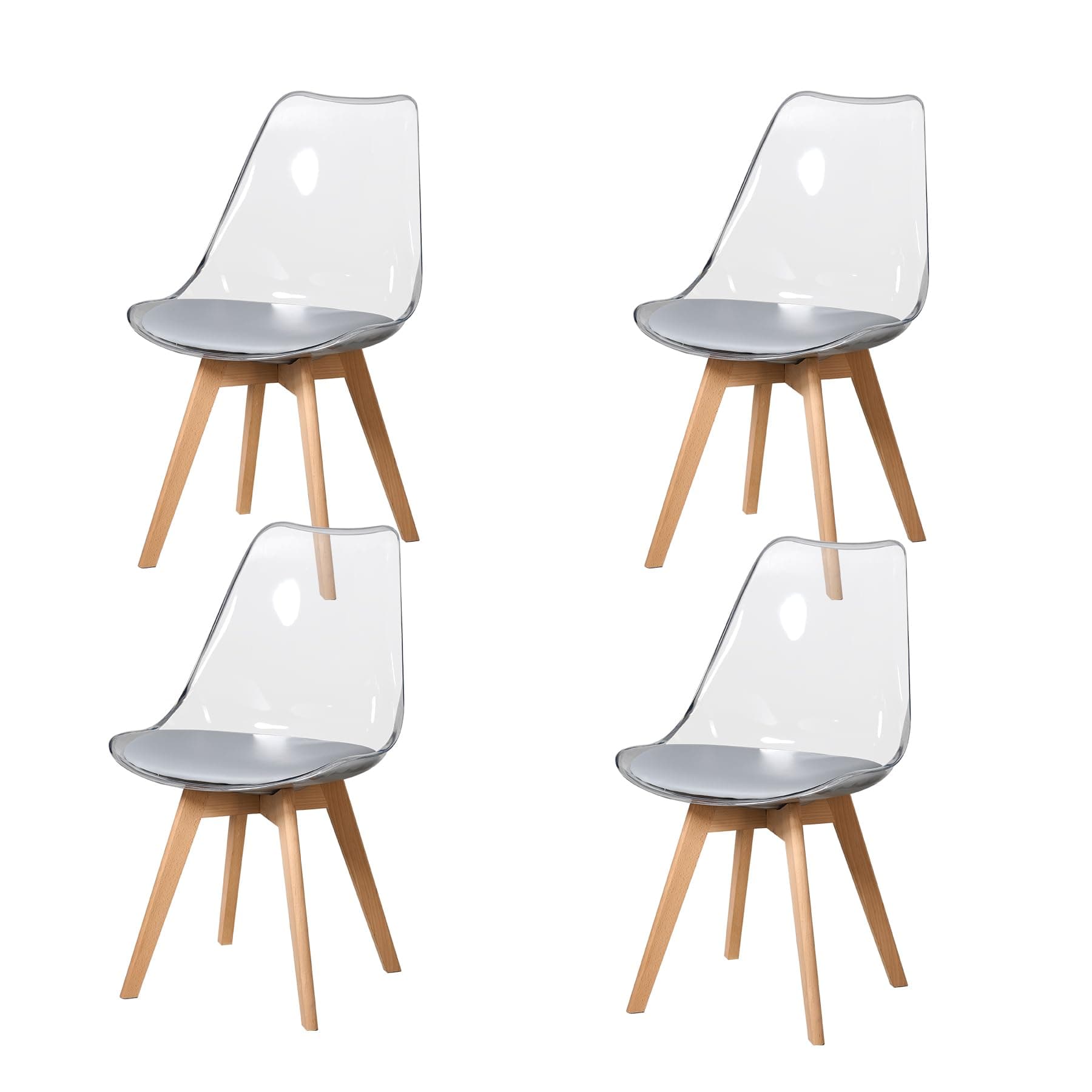 Silla de comedor transparente con patas de madera clara