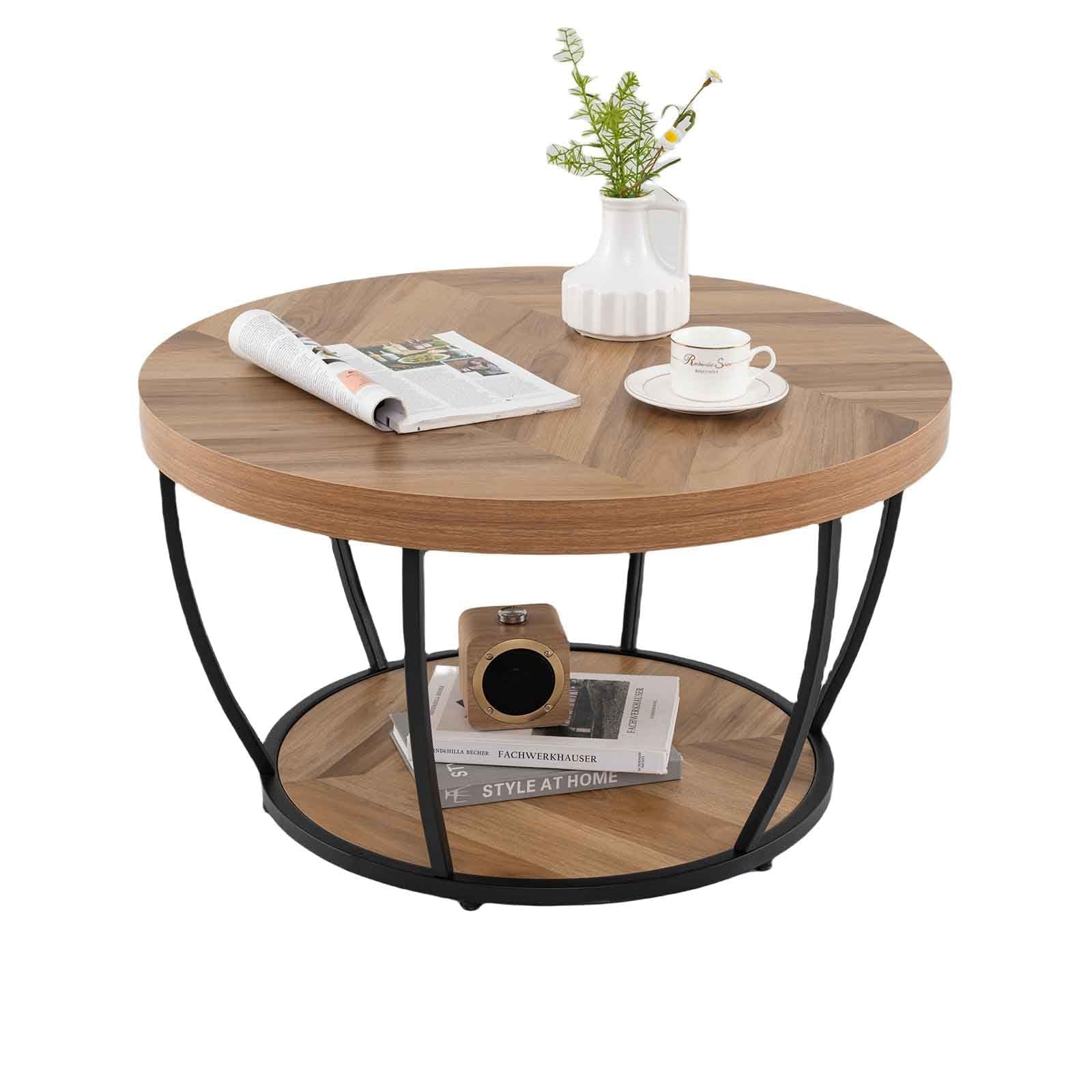 Mesa de centro redonda de madera y metal negra