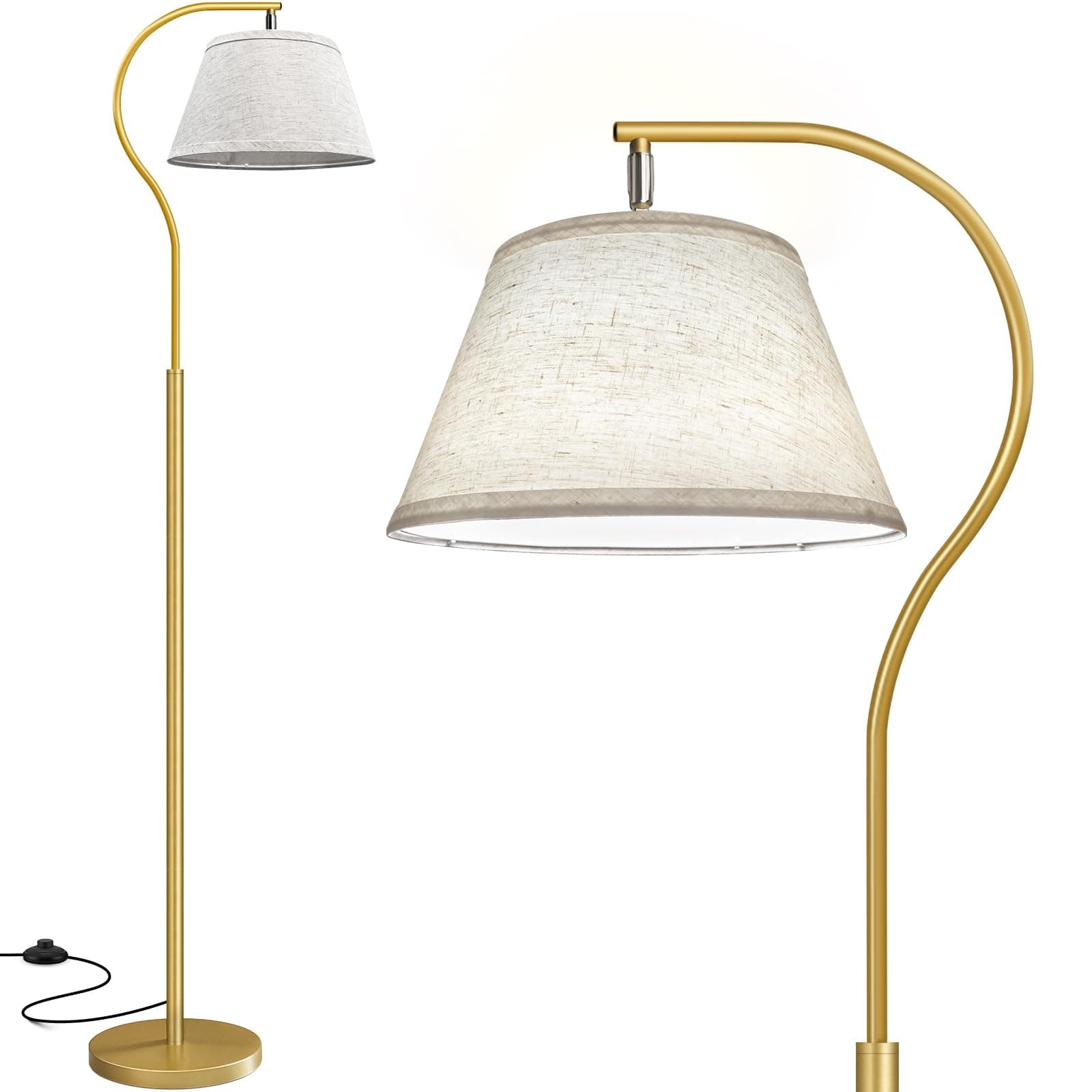 Lámpara de pie dorada con pantalla de tela clara