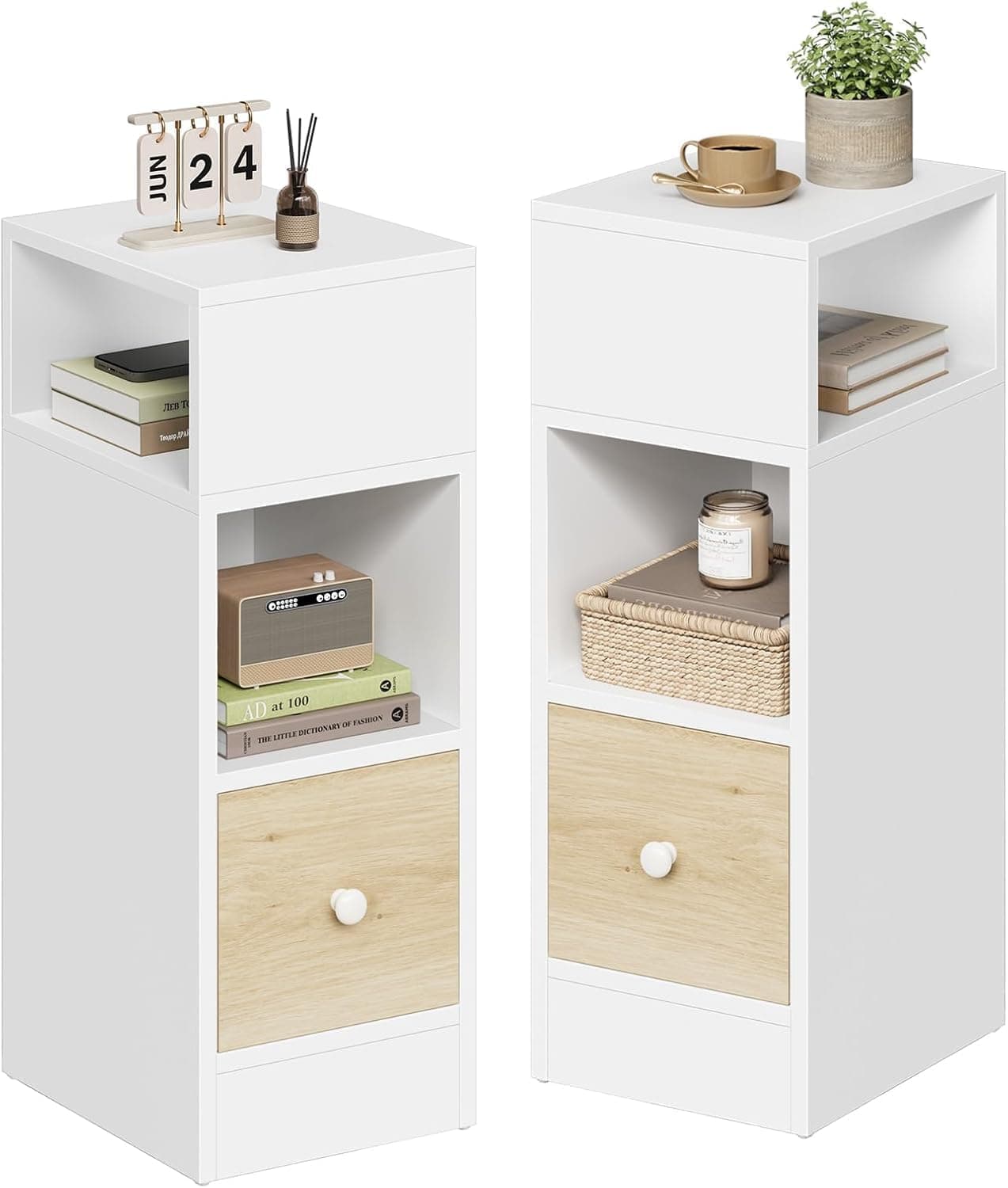 Mesita de noche estrecha blanca y madera