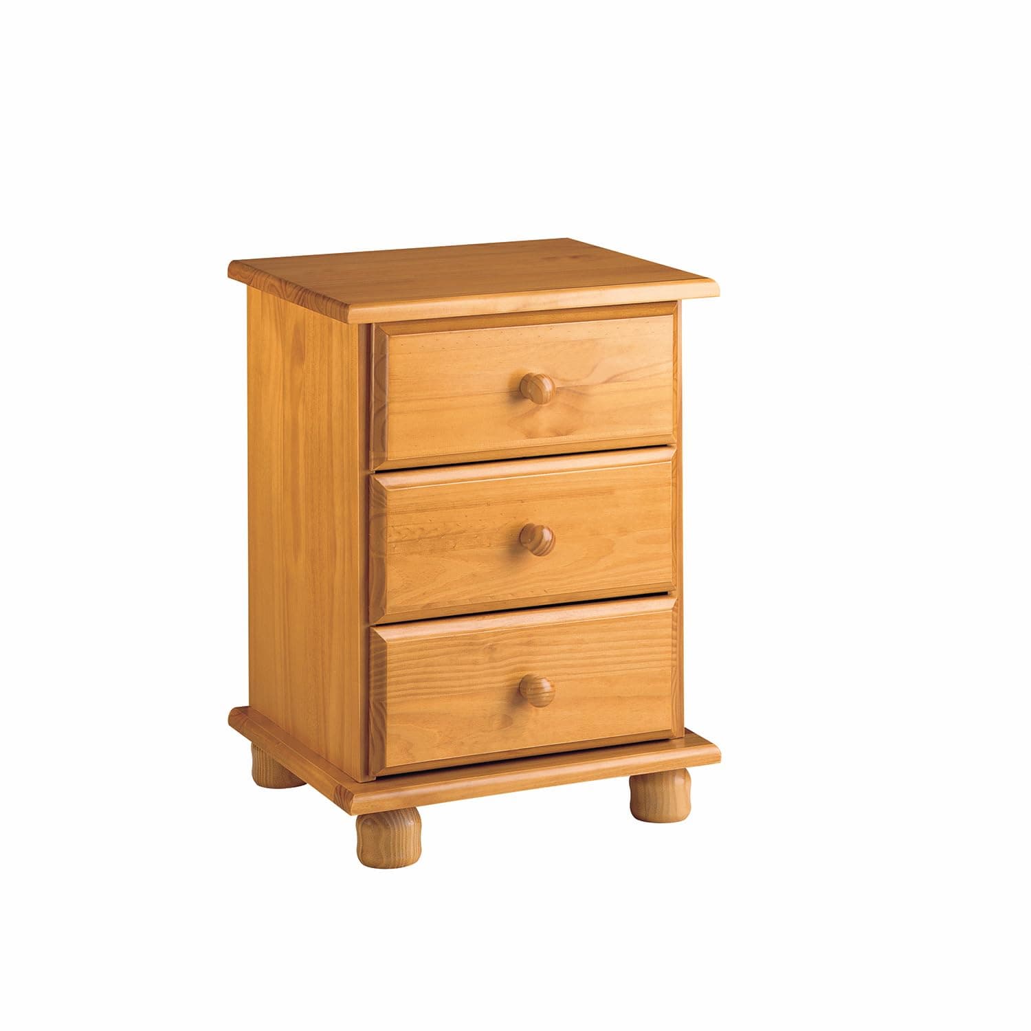Mesita de noche de madera clara con 3 cajones