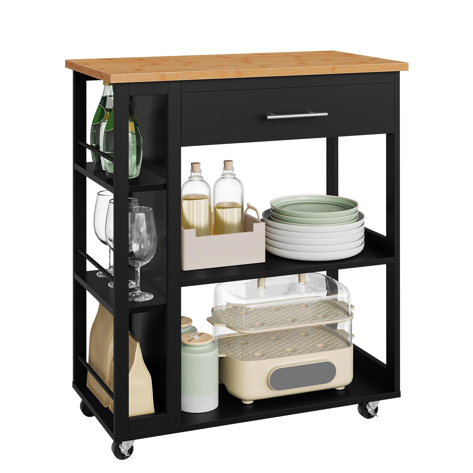 Carrito de cocina negro con encimera de madera clara