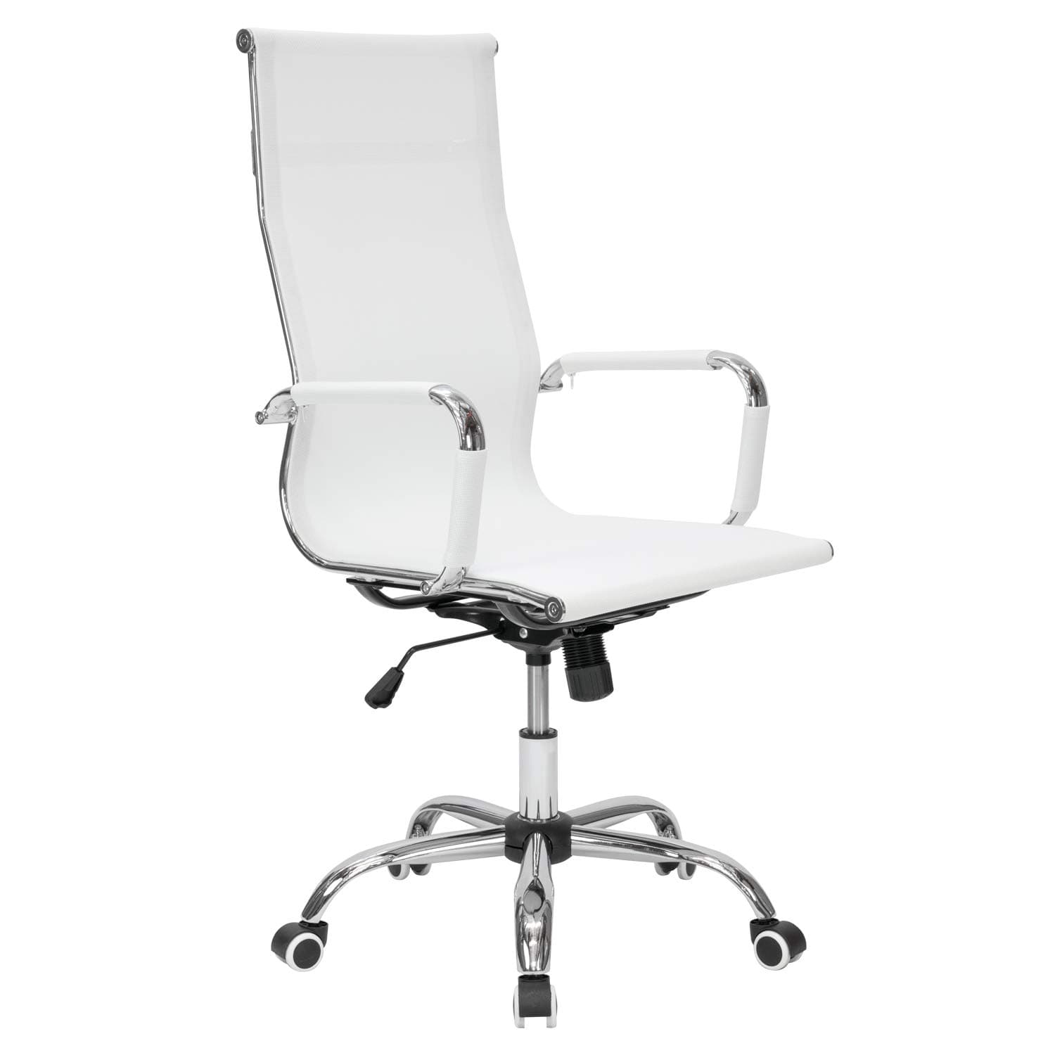 Silla de oficina ergonómica blanca con reposabrazos cromados