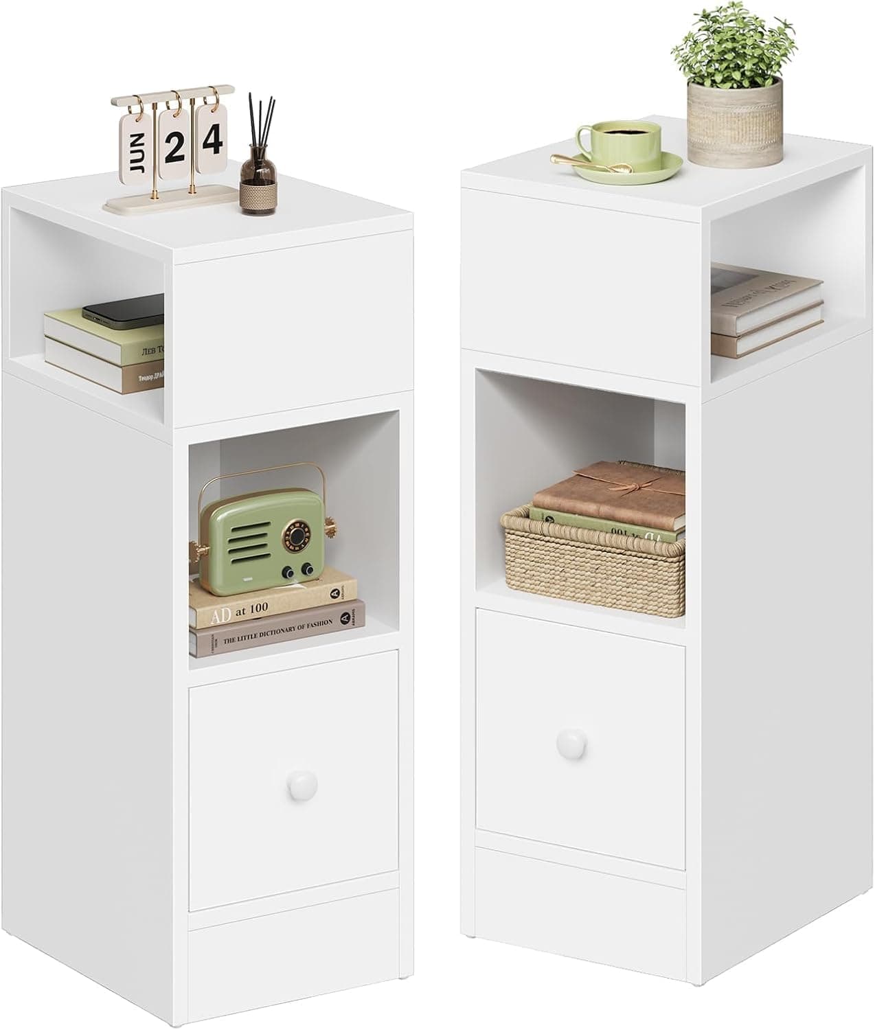 Mesita de noche blanca con cajón y estante