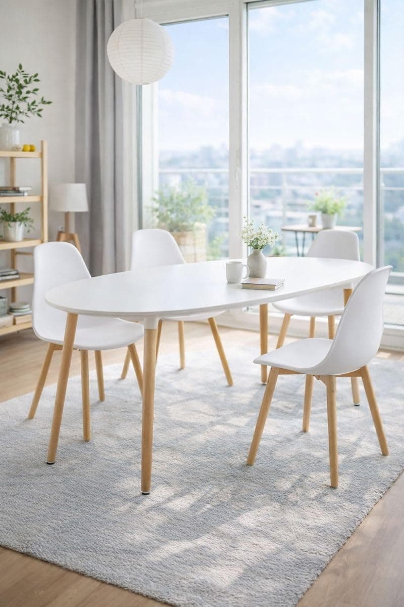 Mesa de comedor ovalada blanca con patas de madera clara y sillas a juego