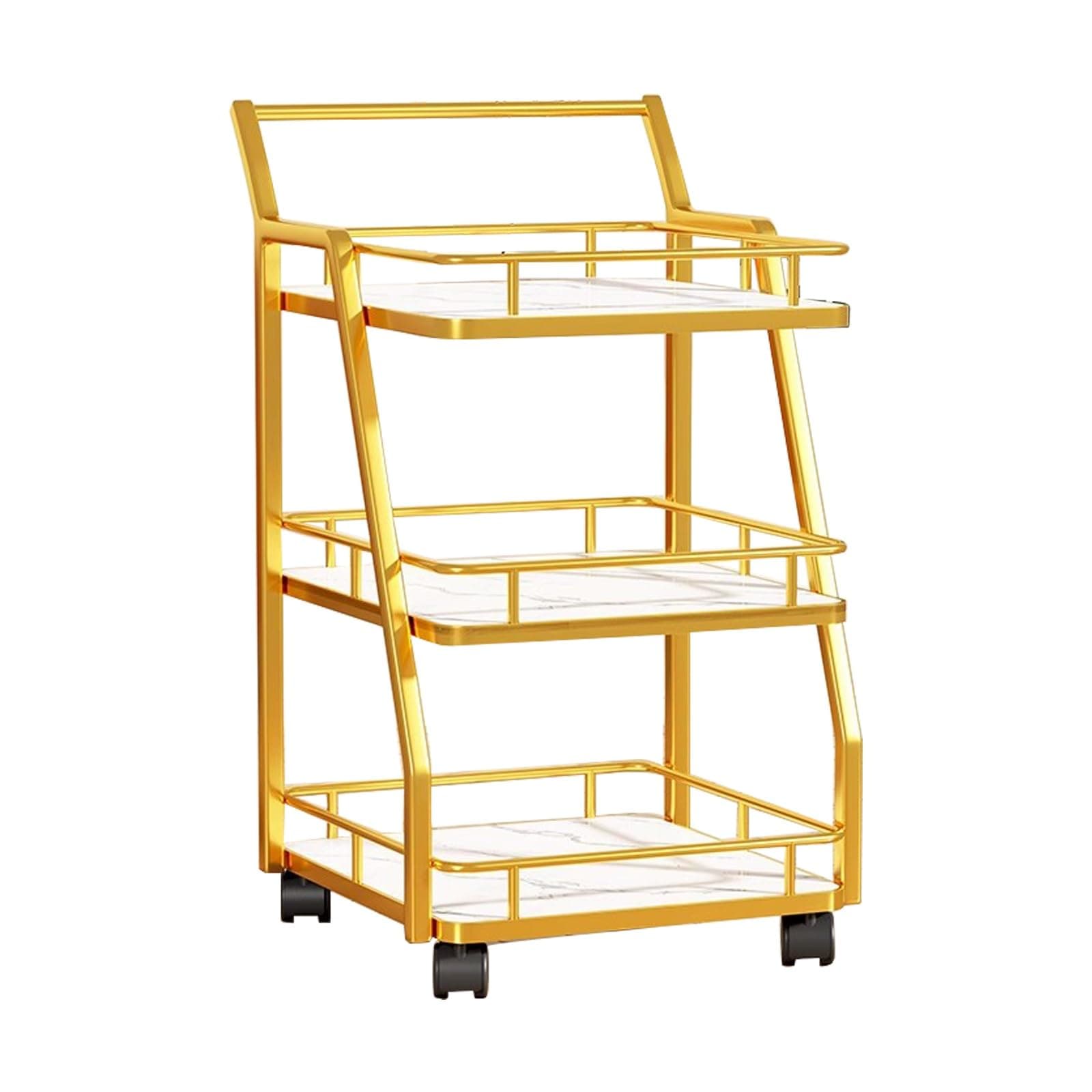Carrito de servicio dorado con estantes de mármol blanco