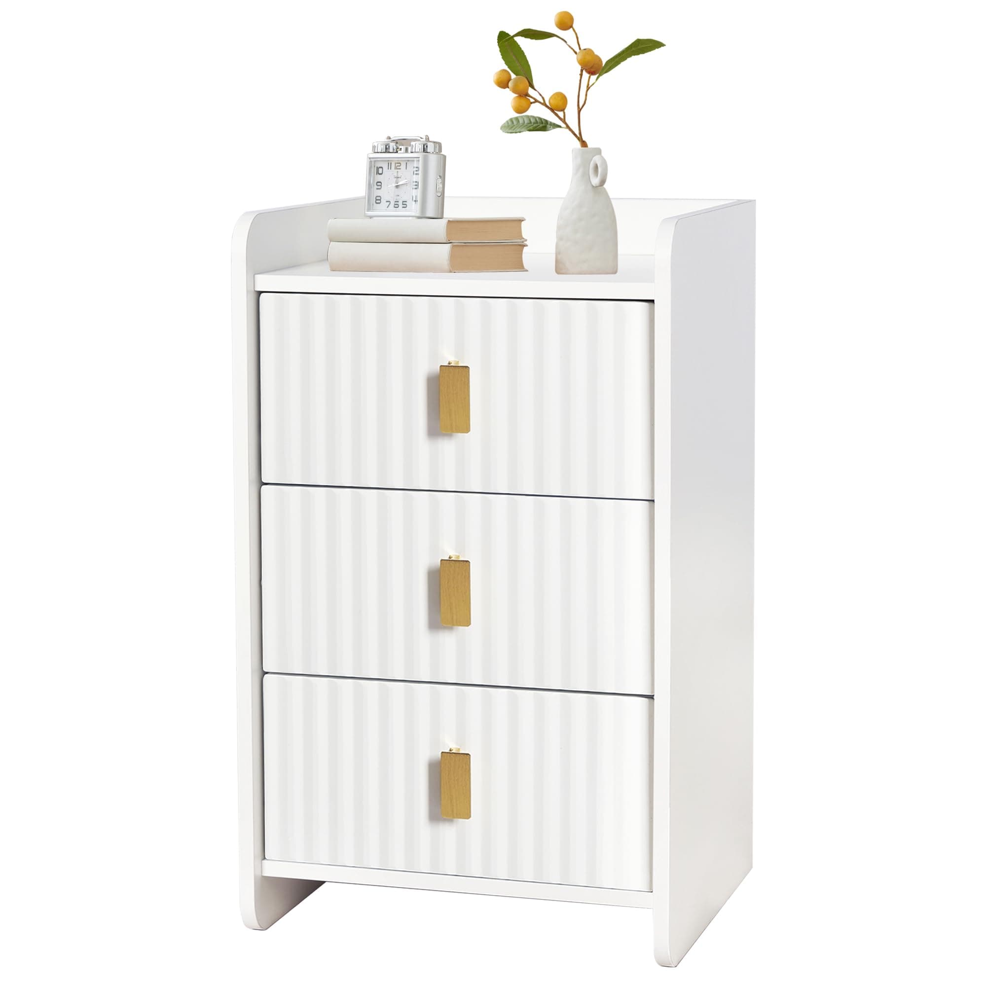 Mesita de noche blanca con detalles dorados