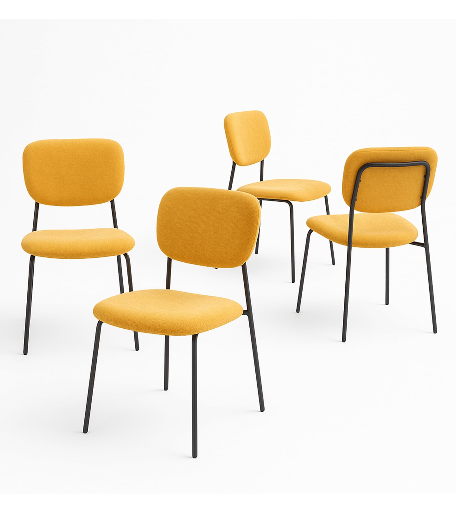 Silla de comedor tapizada en amarillo con patas de metal negro