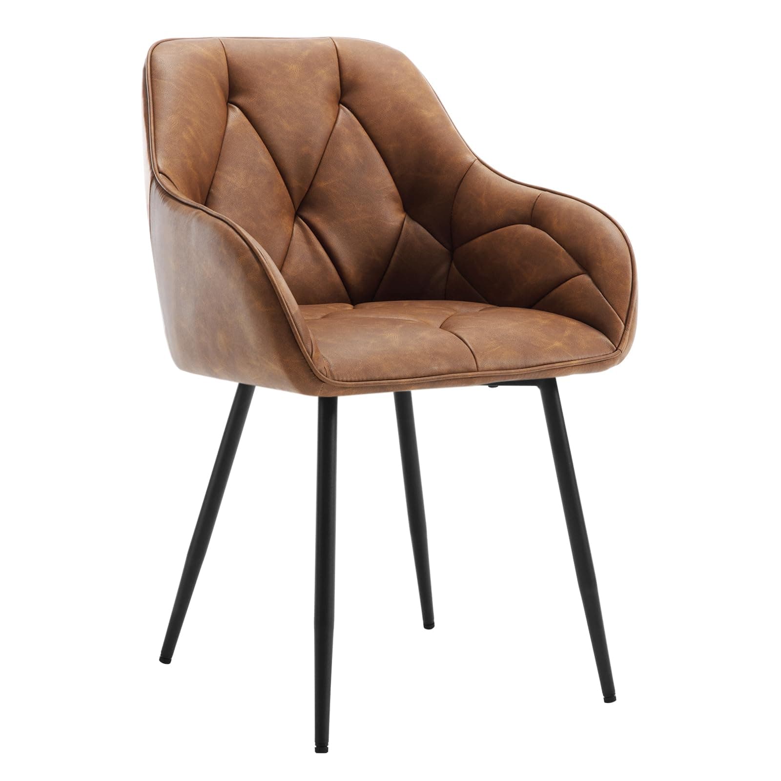 Silla de comedor tapizada en cuero marrón con patas de metal negro