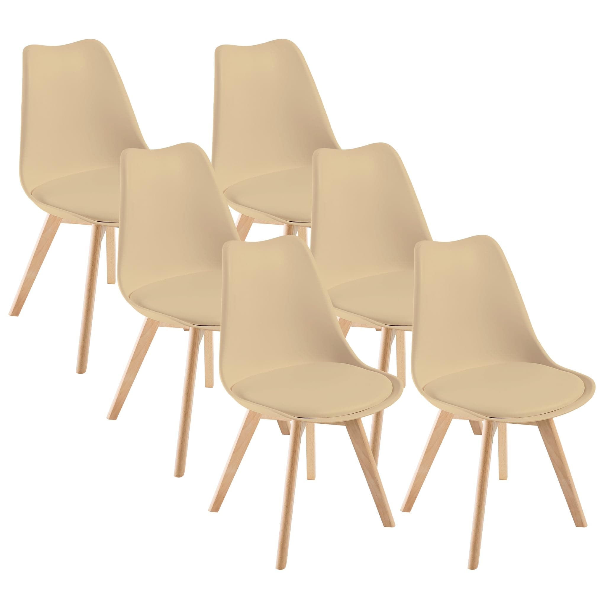 Silla de comedor tapizada beige con patas de madera clara