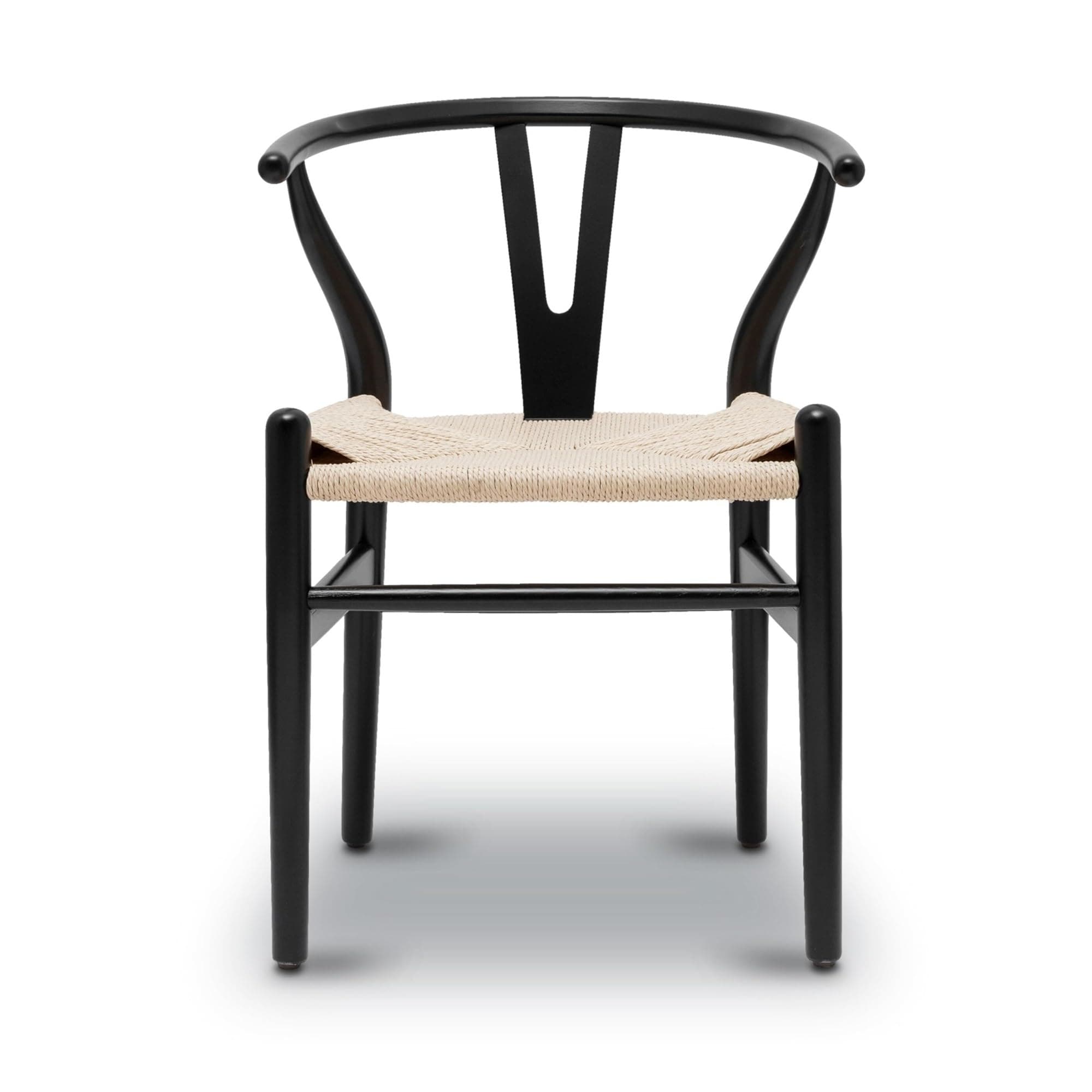 Silla Wishbone de madera negra y asiento de cuerda natural