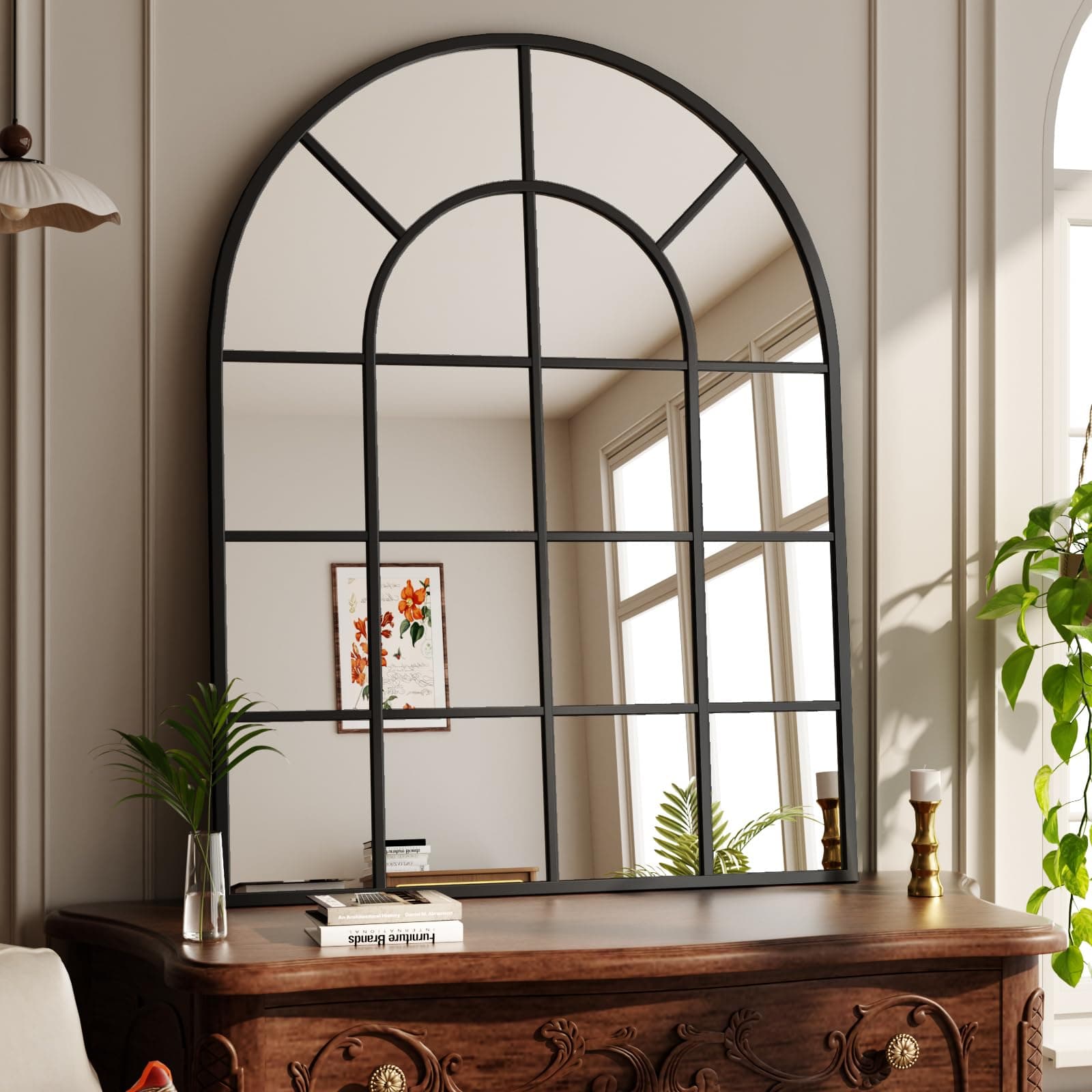 Espejo de pared arco negro con cuarterones