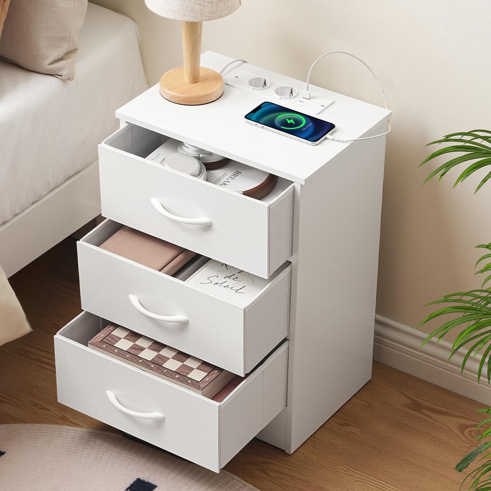 Mesita de noche blanca con 3 cajones y cargador USB