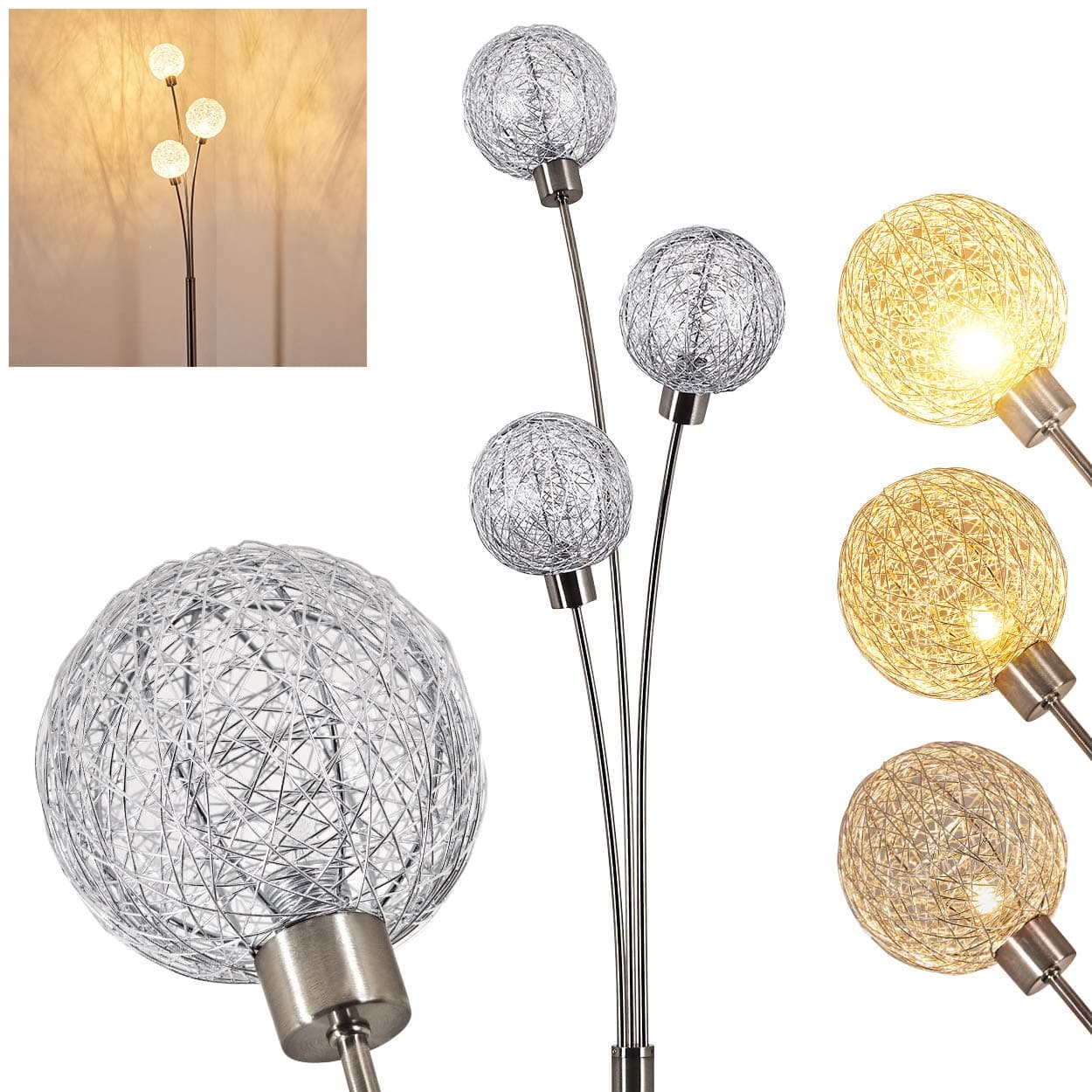 Lámpara de pie con pantallas esféricas de hilo plateado