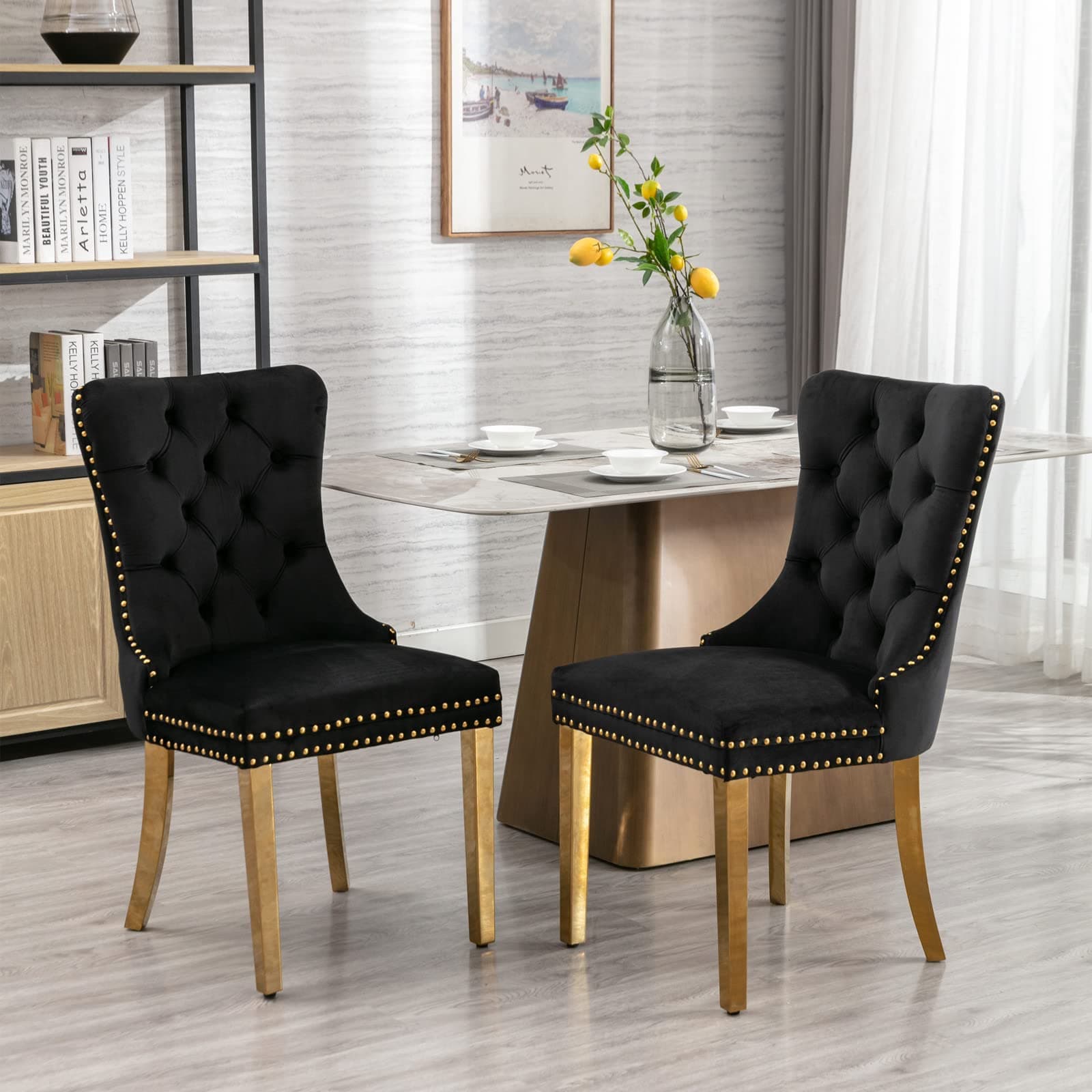 Silla de Comedor Tapizada en Terciopelo Negro