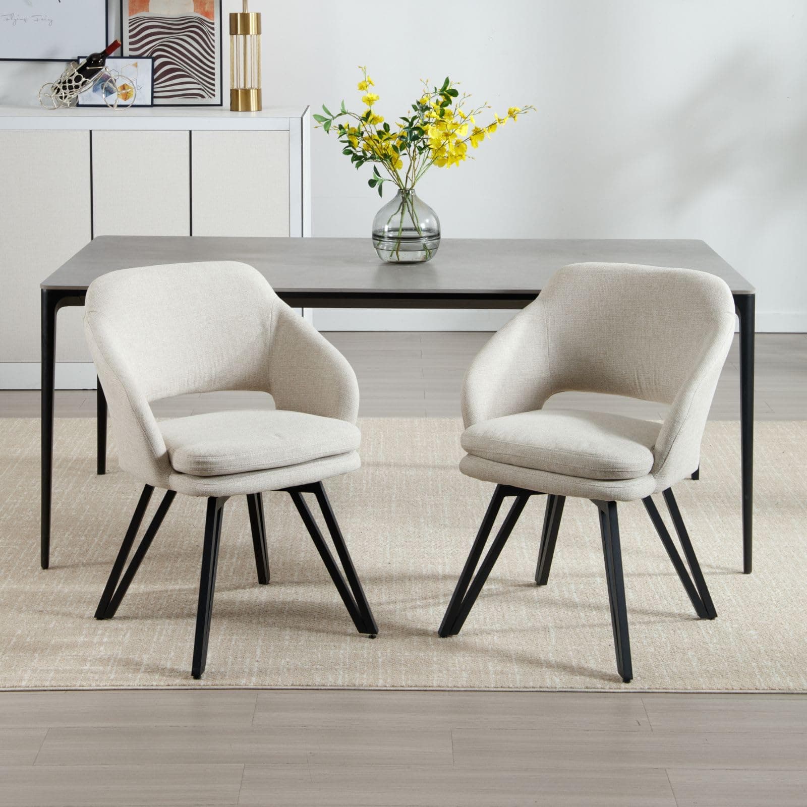 Silla de Comedor Tapizada Beige con Patas Metálicas Negras