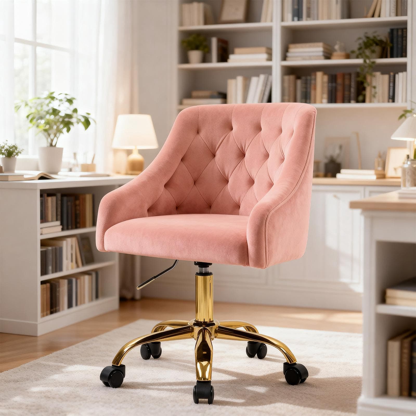 Silla de escritorio rosa de terciopelo con base dorada