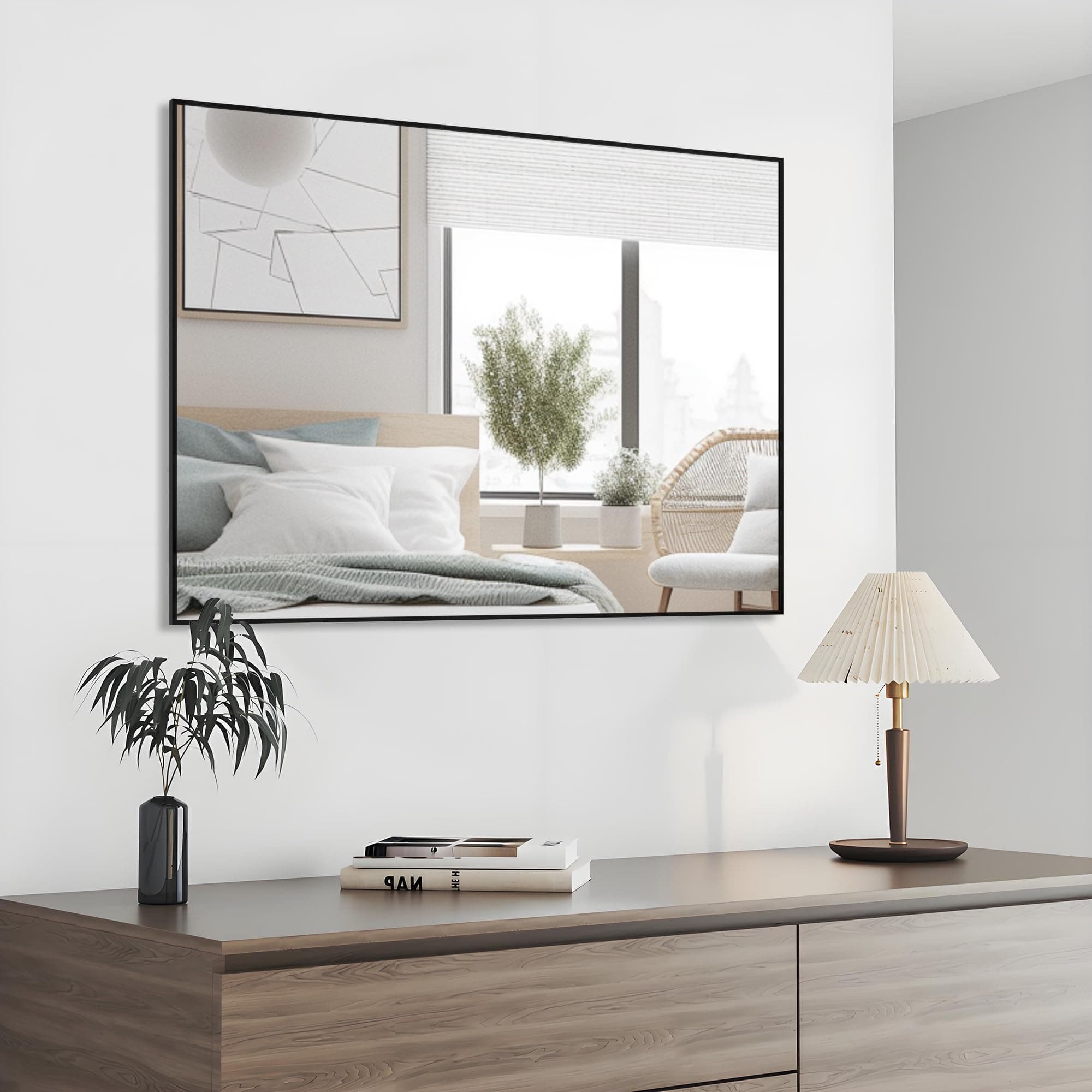 Espejo de pared rectangular con marco negro