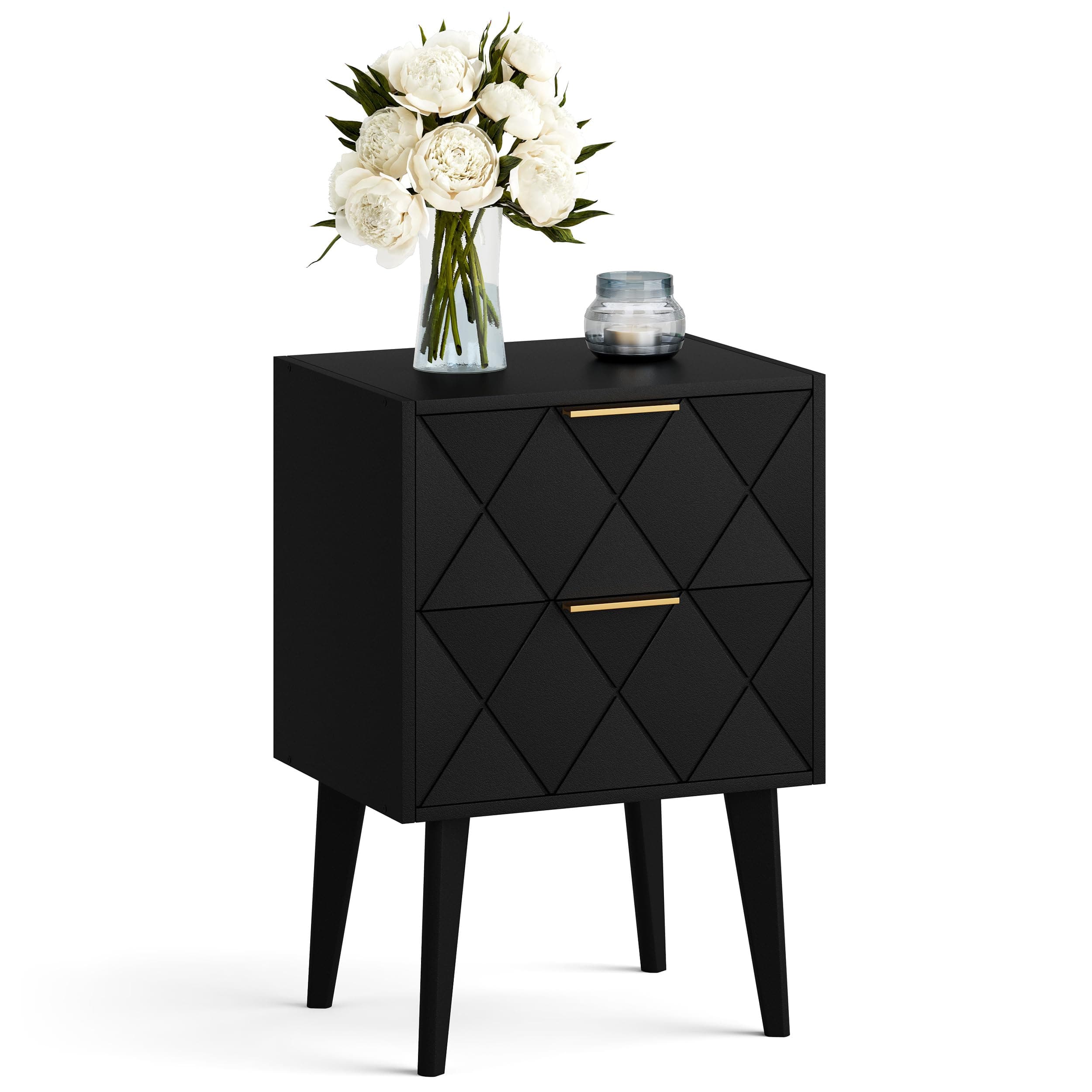 Mesita de noche negra con cajones y tiradores dorados