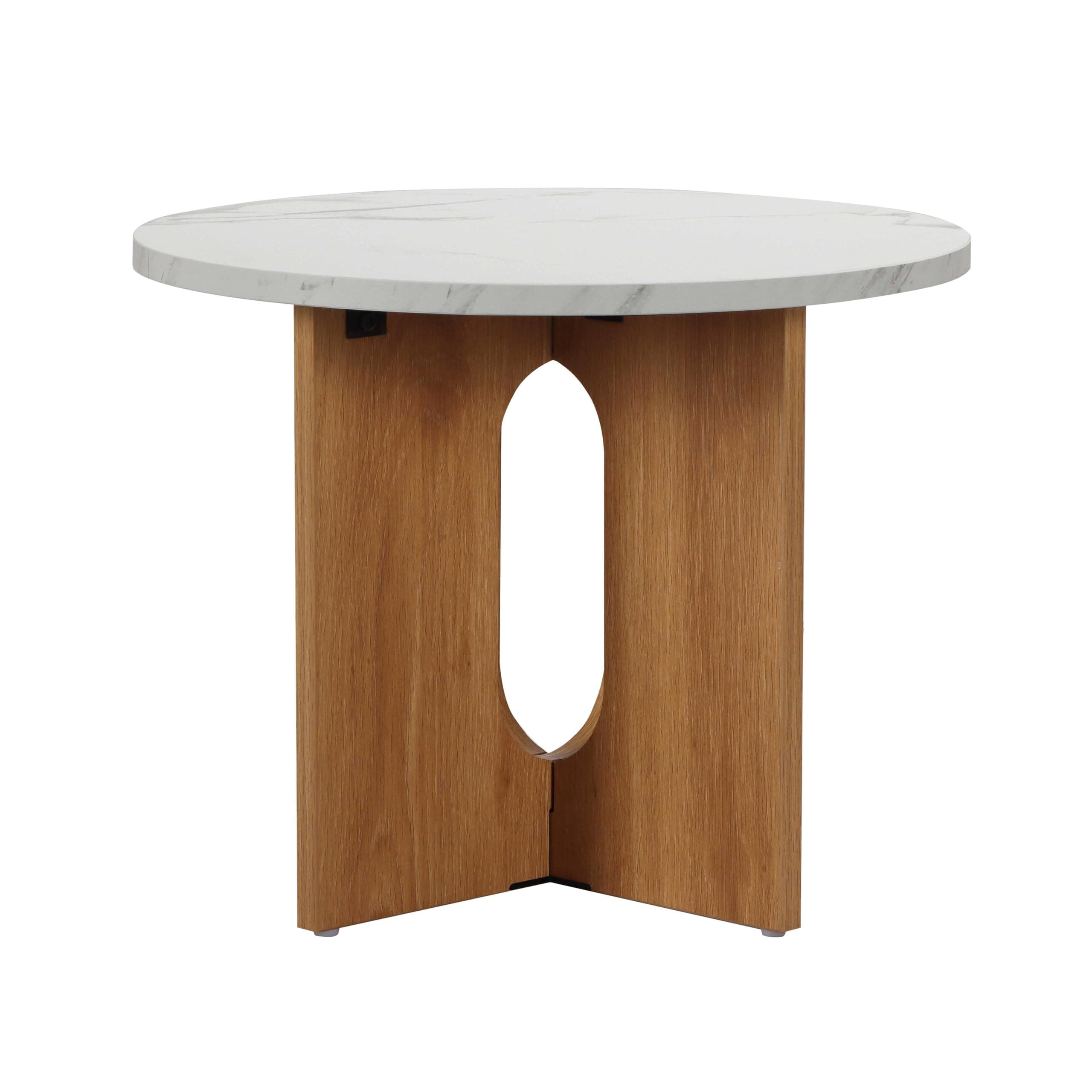 Mesa de comedor redonda con tapa de mármol y base de madera