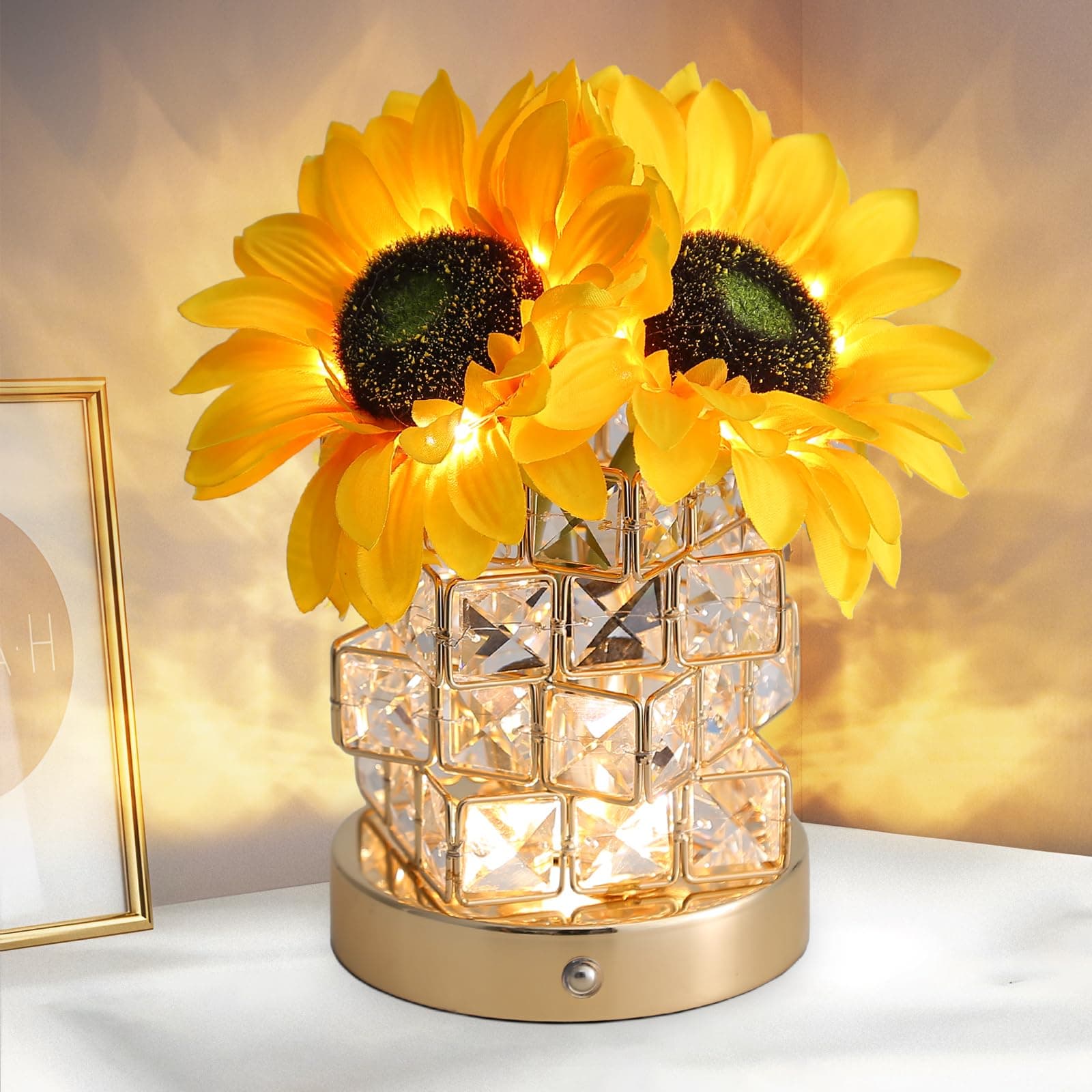 Lámpara de mesa de cristal con girasoles