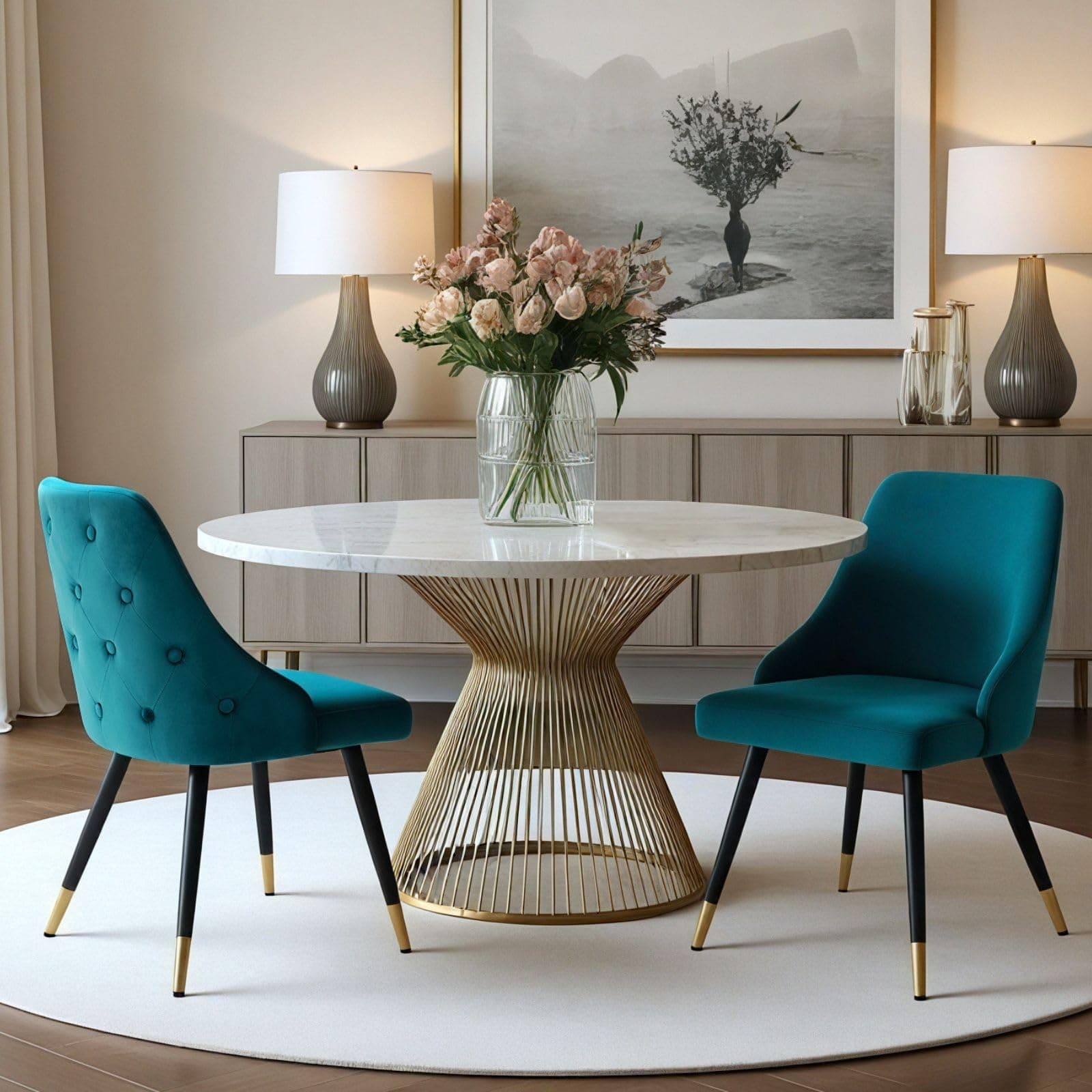 Mesa de comedor redonda con sillas de terciopelo turquesa