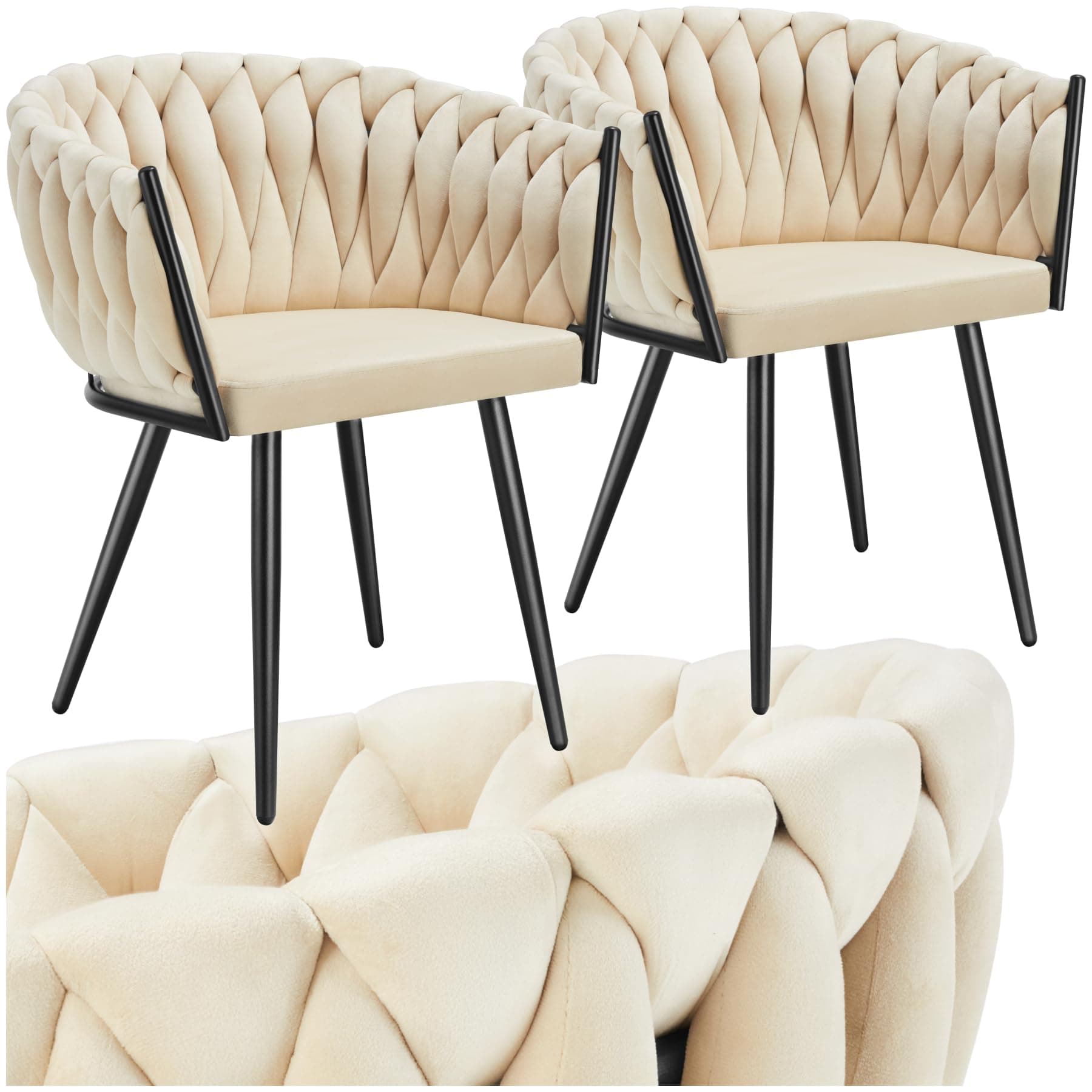 Silla de comedor tapizada en beige con estructura metálica negra