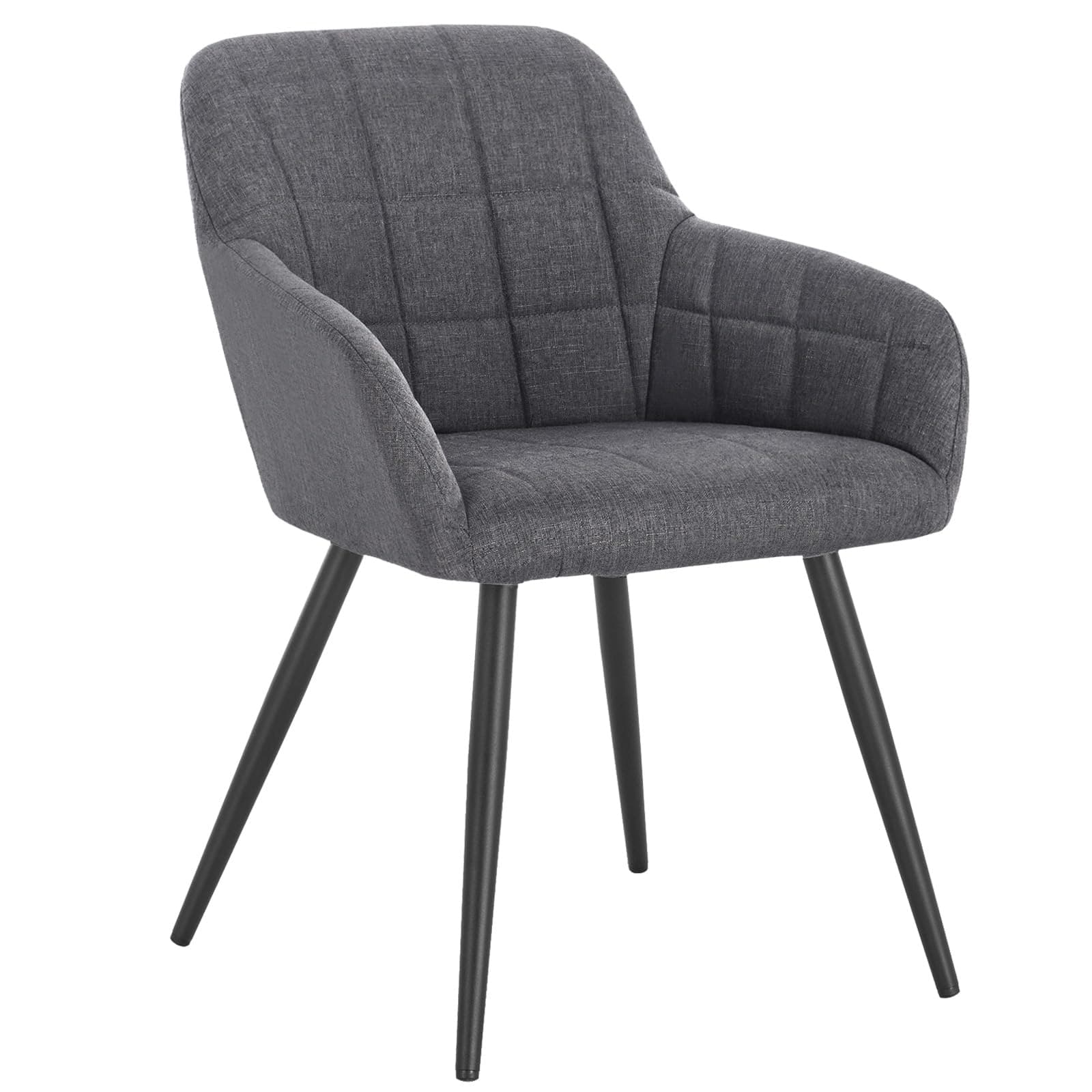 Silla de comedor tapizada en tela gris con patas de metal negro