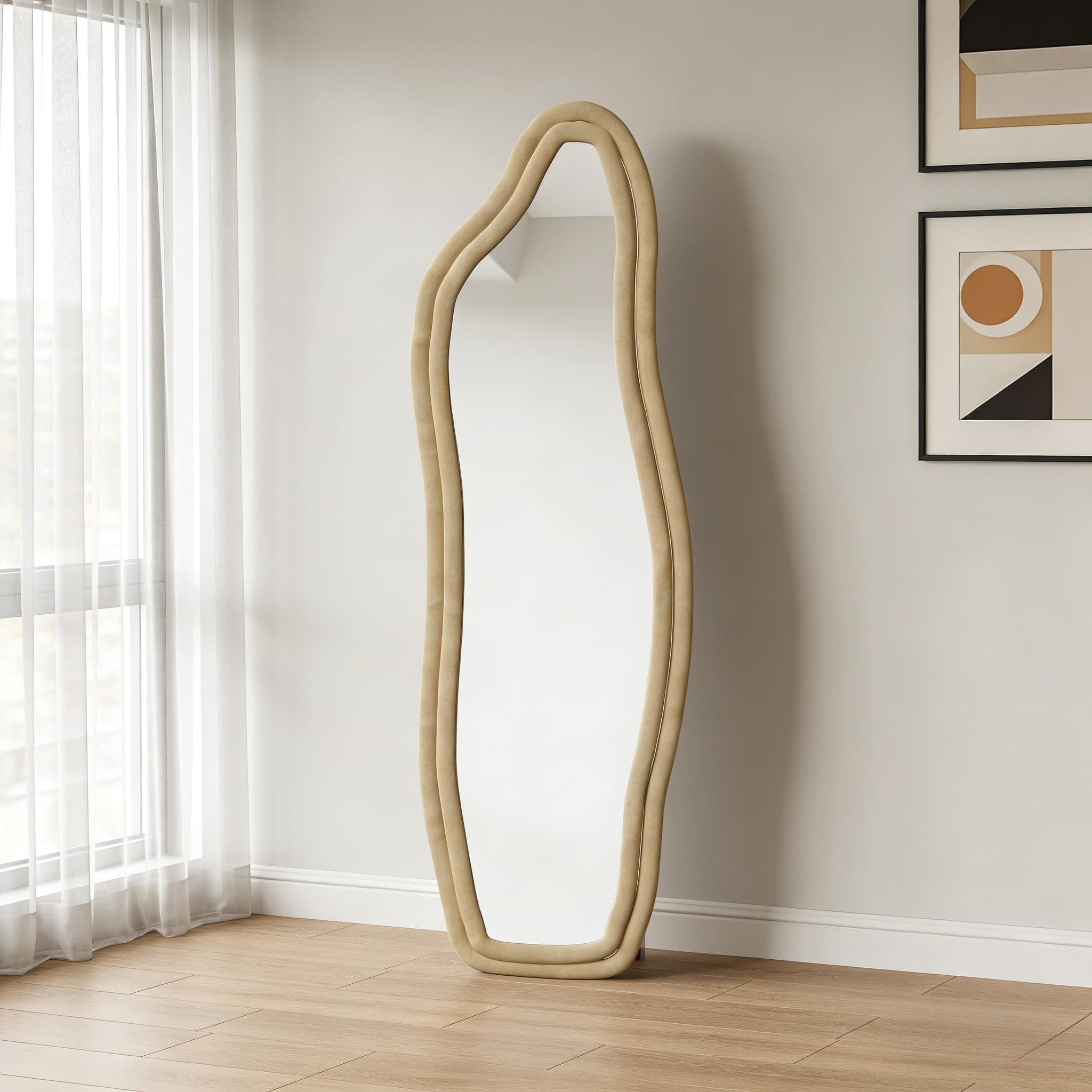Espejo de pie con marco de cuerda beige