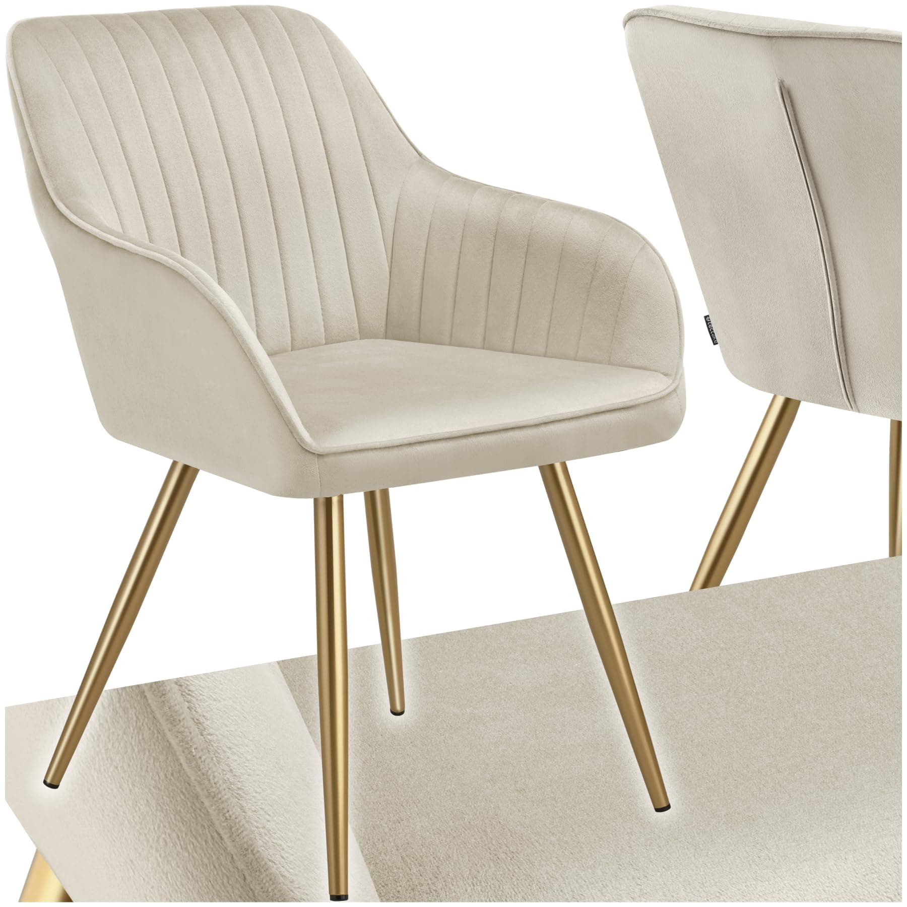 Silla de comedor tapizada en terciopelo beige con patas doradas
