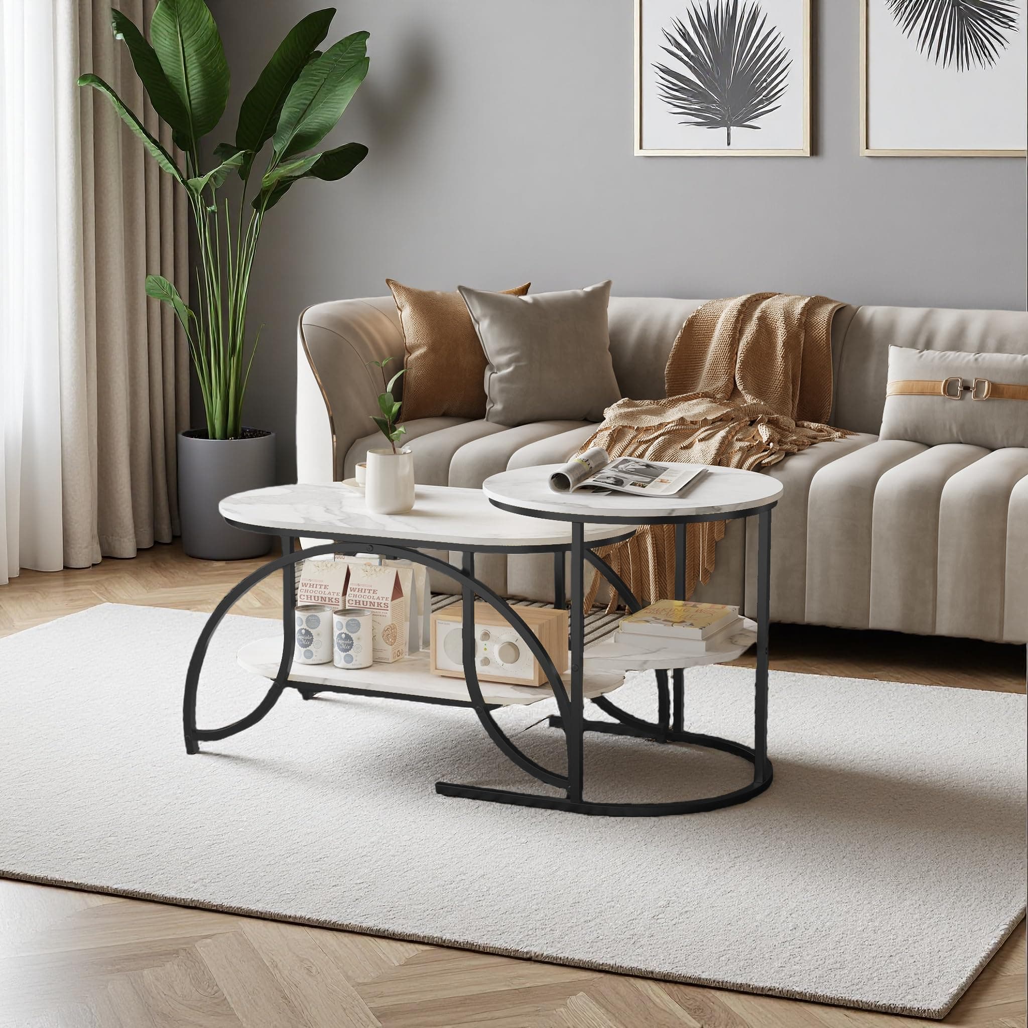 Juego de mesas de centro ovalada y redonda con tapa de mármol