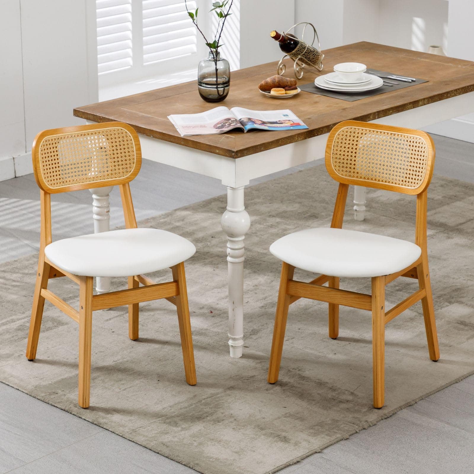Silla de Comedor de Madera y Ratán con Asiento Blanco