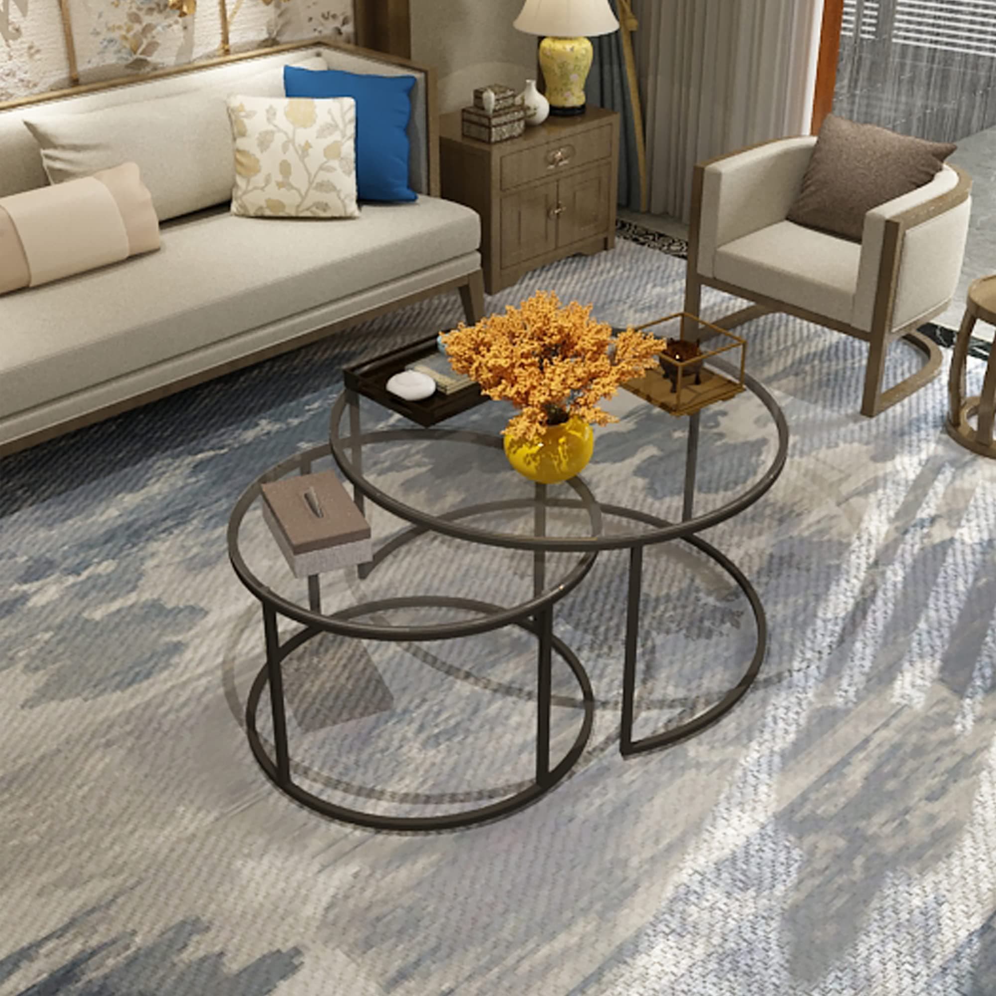 Mesa de centro redonda de cristal y metal negro