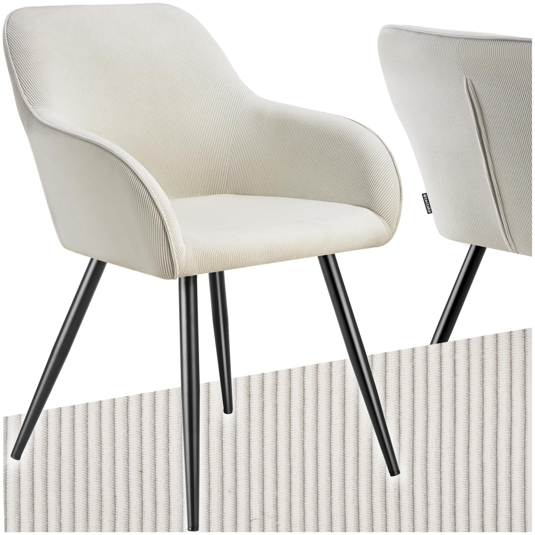 Silla de comedor tapizada en beige con patas de metal negro