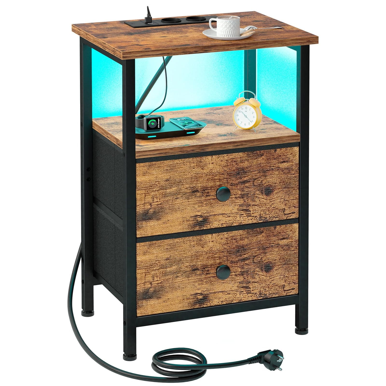 Mesita de noche industrial de madera y metal