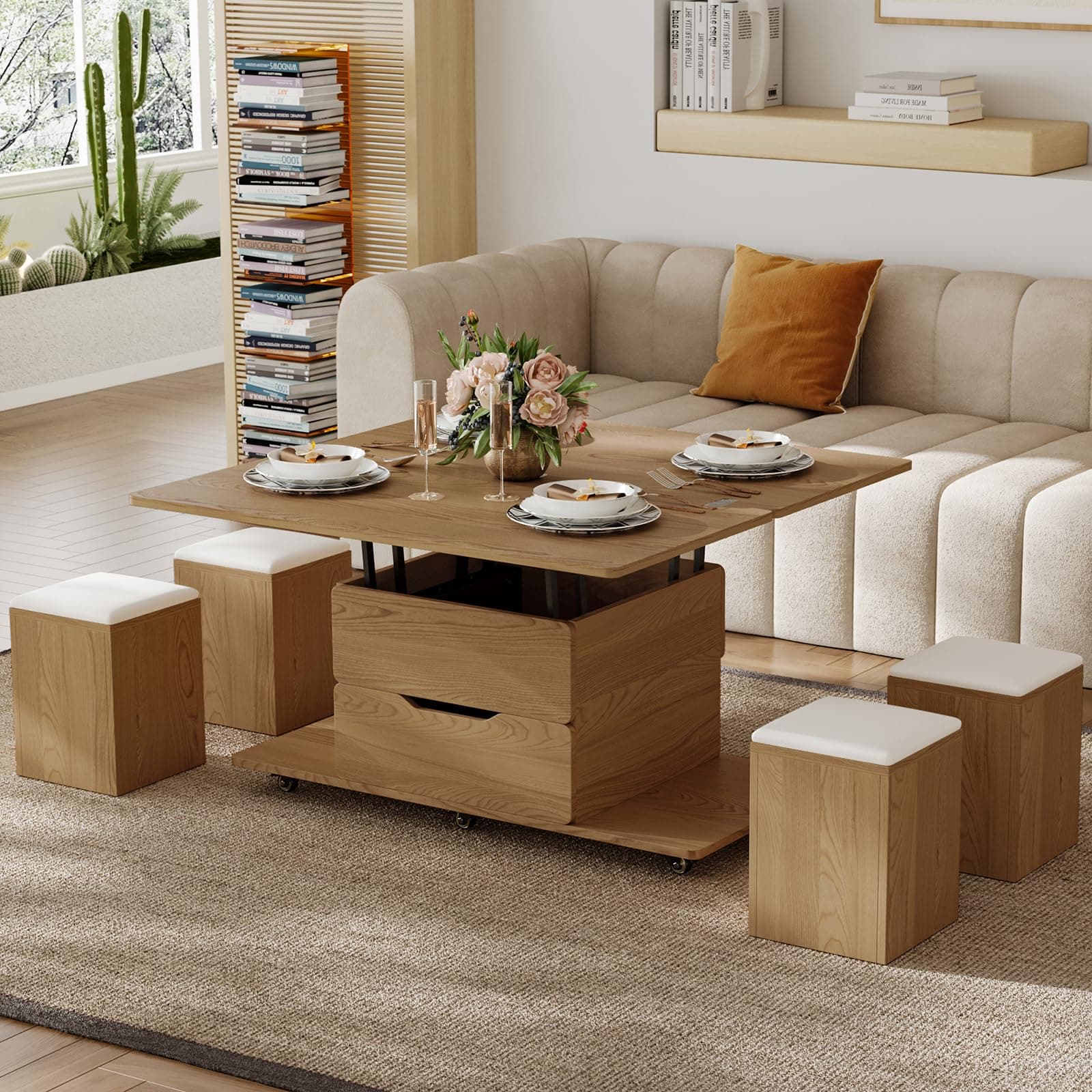 Mesa de centro elevable con taburetes de madera clara