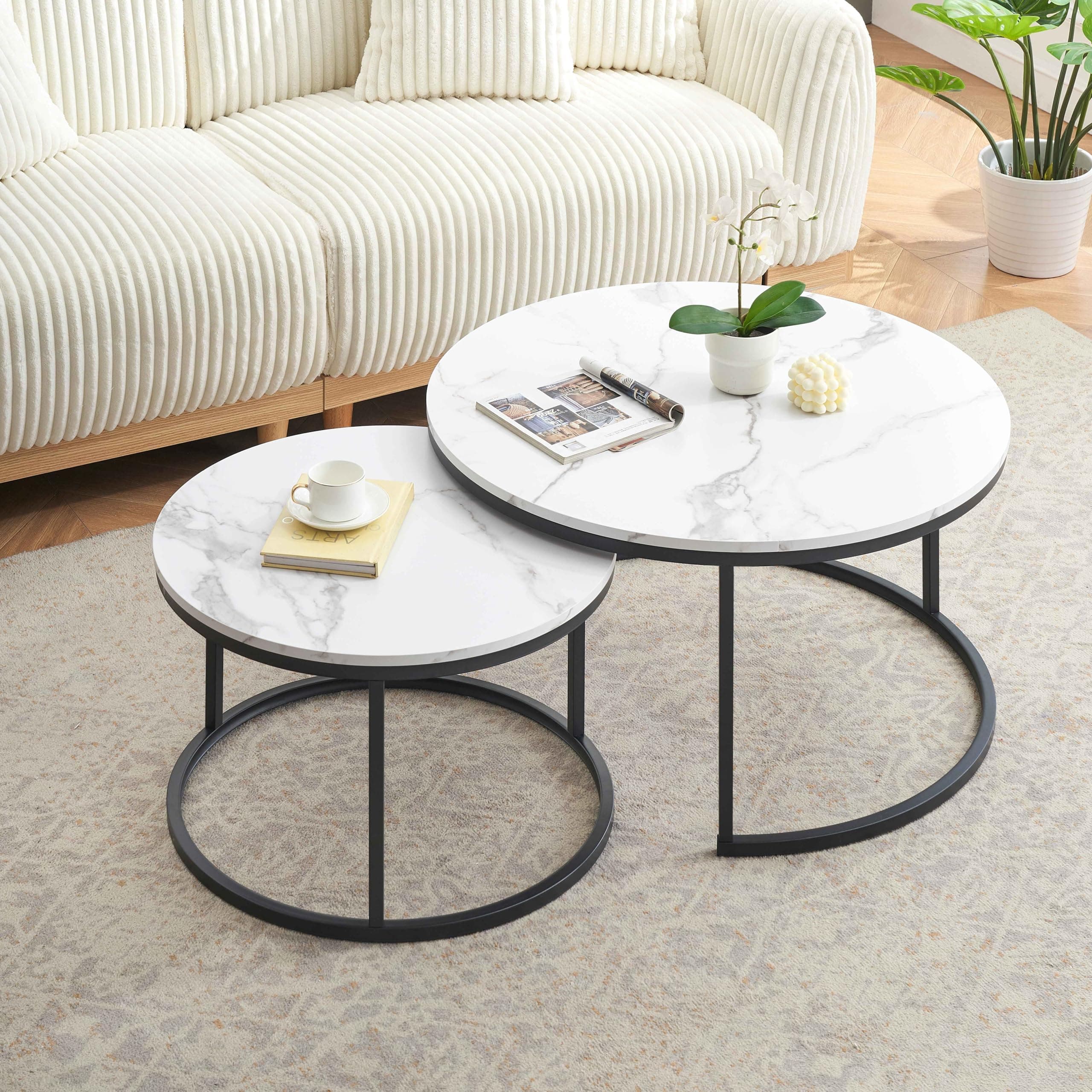 Juego de mesas de centro redondas con tapa de mármol blanco