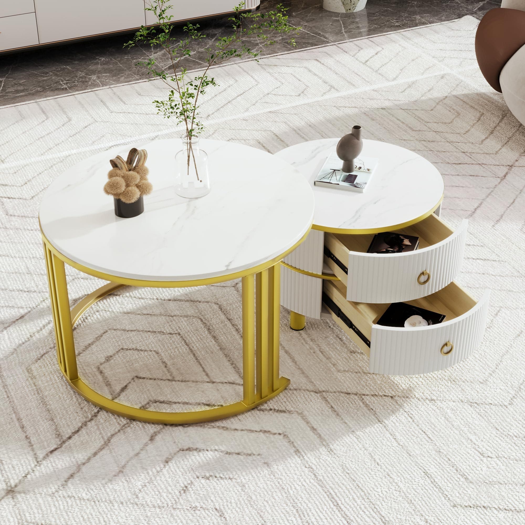 Mesa de centro redonda blanca y dorada con cajones