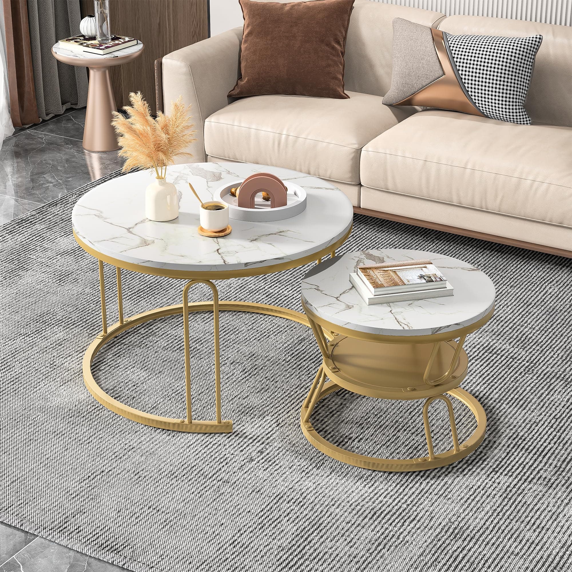 Conjunto de mesas de centro redondas de mármol blanco y dorado