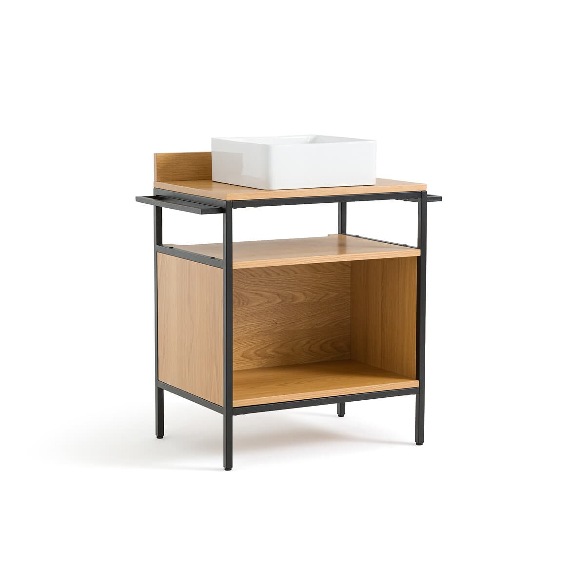 Mueble de lavabo de madera y metal negro