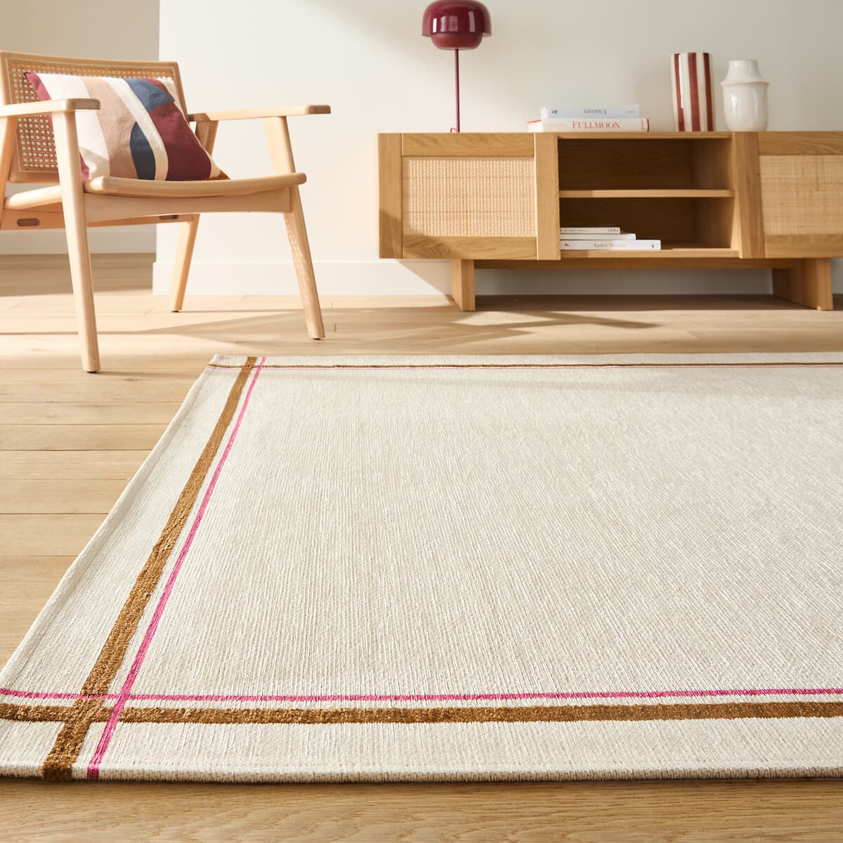 alfombra salón beige, alfombra algodón líneas