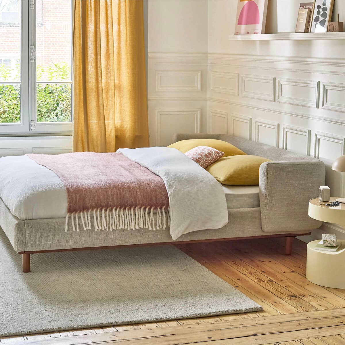 cama nido tapizada beige, sofa cama estilo nordico