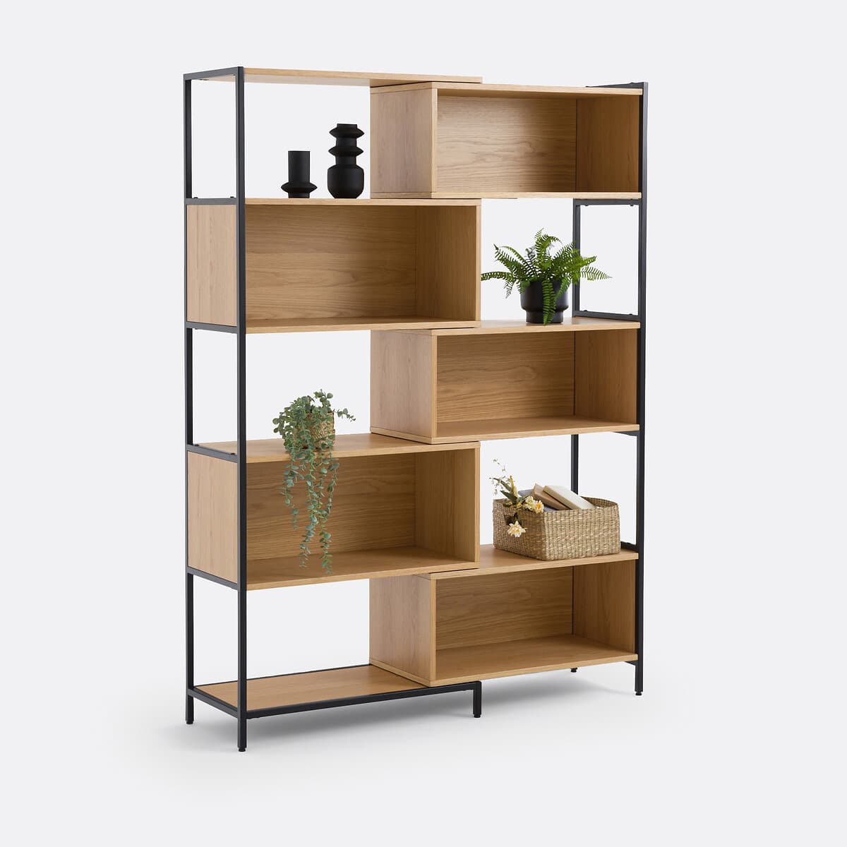 Estantería modular de madera y metal negro