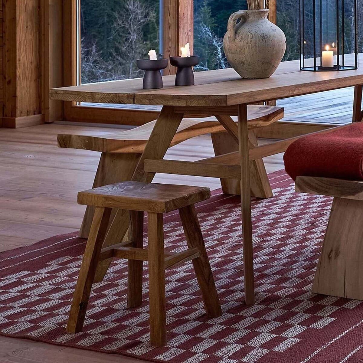 taburete madera maciza rustico, taburete bajo madera