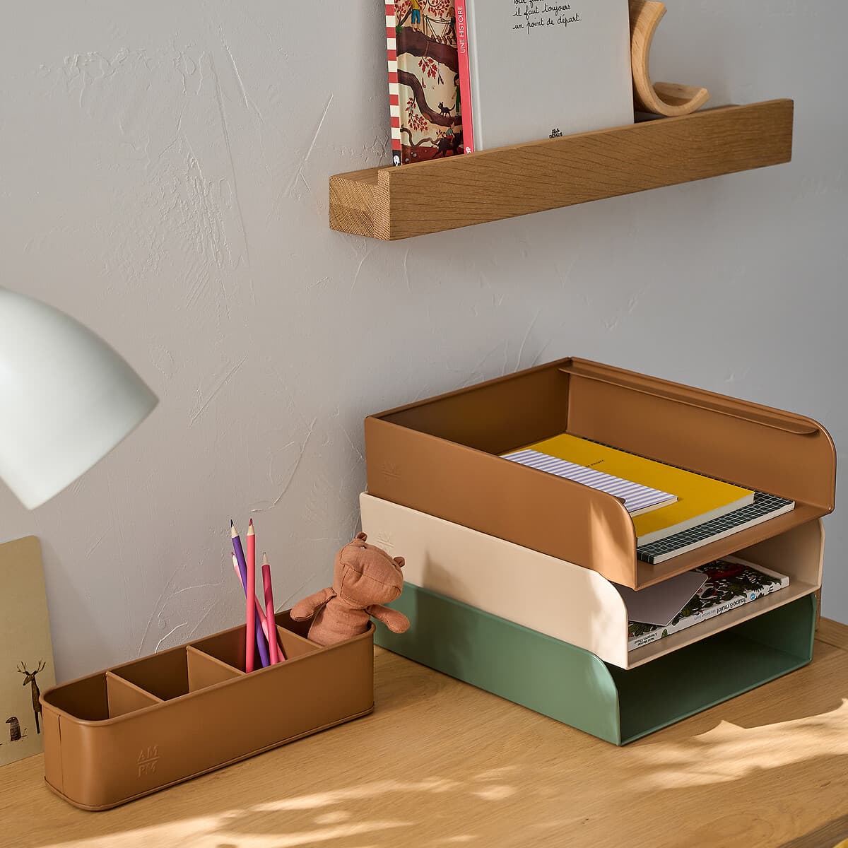 organizador escritorio marron, bandeja apilable oficina