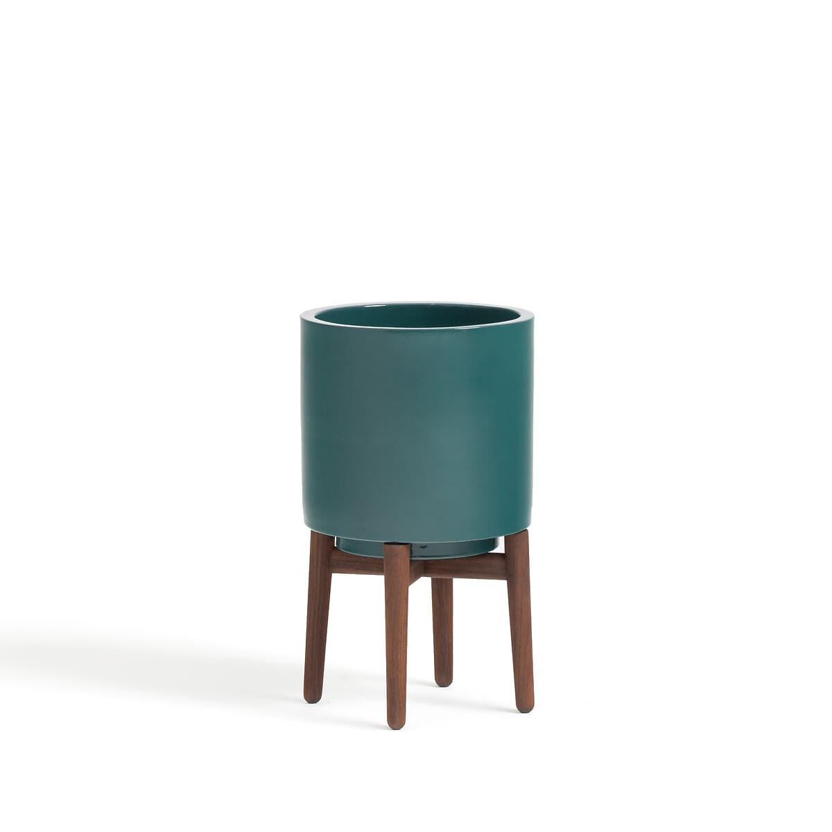 Jardinera cilíndrica de cerámica con soporte de madera